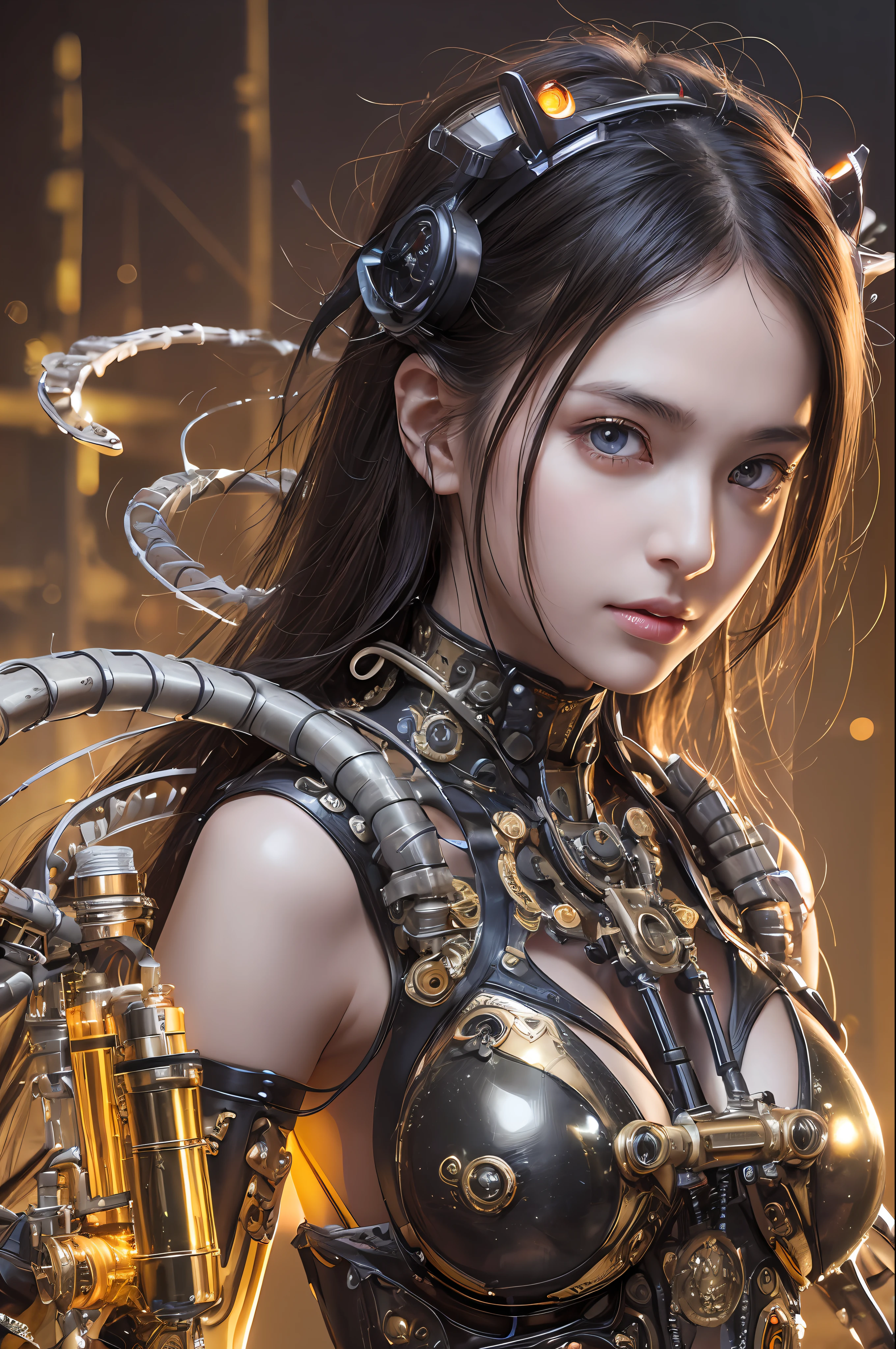 Top Quality, Masterpiece, Ultra High Resolution, (Photorealistic: 1.4), Raw Photo, 1 Girl, Black Hair, Glossy Skin, 1 Mechanical Girl, (Ultra Realistic Details)), Portrait, Global Illumination, Shadows, Octane Rendering, 8K, Ultra Sharp, Big, Cleavage Exposed Raw Skin, Metal, Detail of Intricate Ornaments, Steampunk details, Matsumoto meter, meter, vacuum tube, nixie suga, oil pressure gauge, glass tube, analog meter, gears, golden hydraulic cylinder, very intricate detail, realistic light, CGSoation trend, purple eyes, glowing eyes, facing the camera, neon details, mechanical limbs, blood vessels connected to tubes, mechanical vertebrae attached to the back, mechanical cervical attachment to the neck, sitting, wires and cables connecting to the head, Evangelion, small LED lamps,