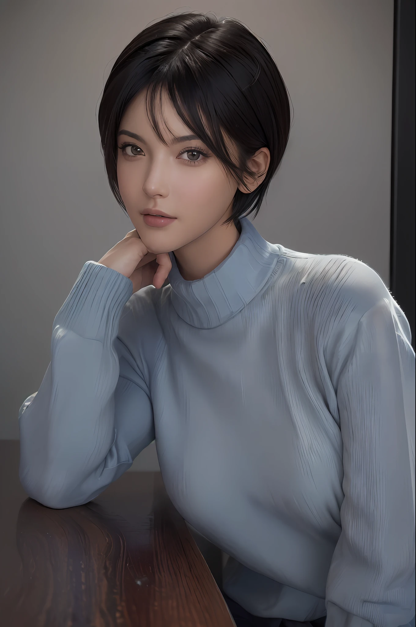 (masterpiece:1.3), (8k, photorealistic, RAW photo, best quality: 1.4), (1girl), beautiful face, (realistic face), (black hair, short hair:1.3), beautiful hairstyle, realistic eyes, beautiful detailed eyes, (realistic skin), beautiful skin, (sweater), absurdres, attractive, ultra high res, ultra realistic, highly detailed, golden ratio