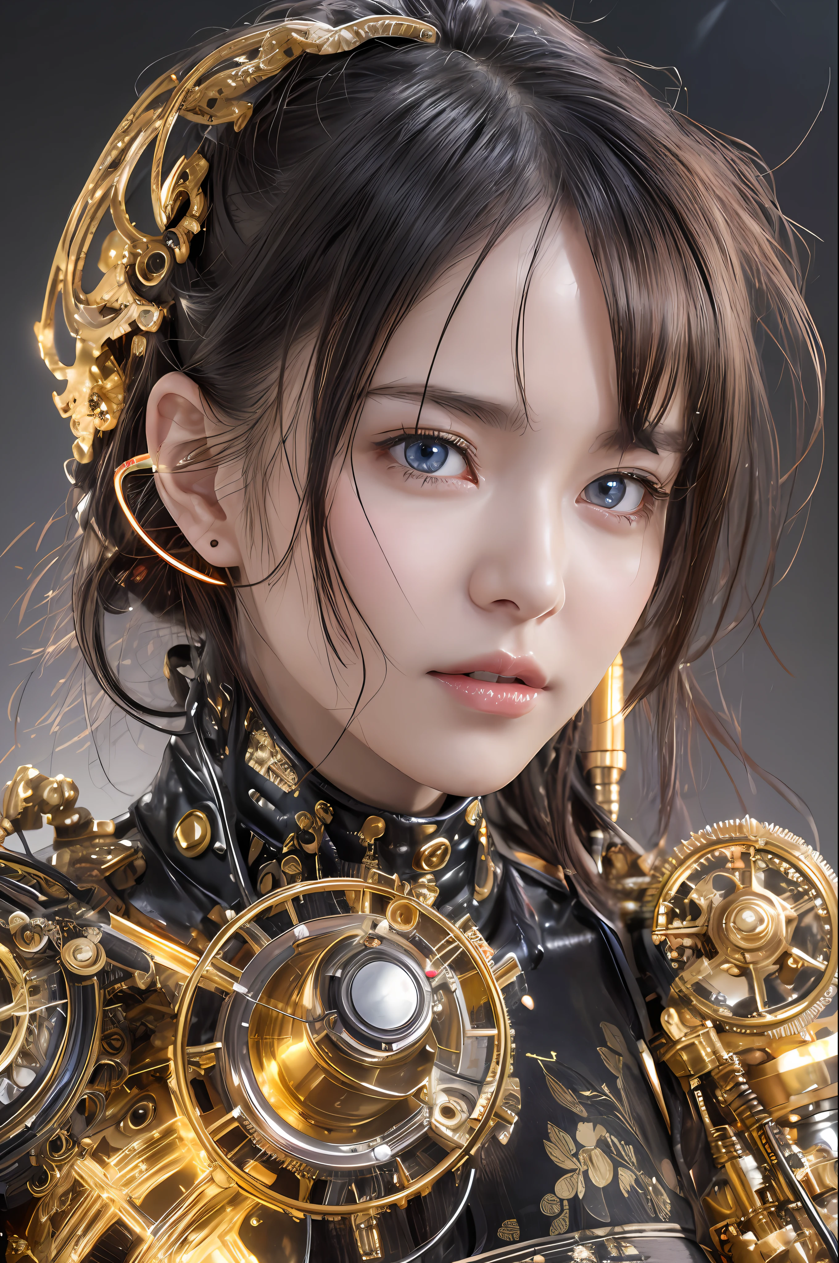 Top Quality, Masterpiece, Ultra High Resolution, (Photorealistic: 1.4), Raw Photo, 1 Girl, Black Hair, Glossy Skin, 1 Mechanical Girl, (Ultra Realistic Details)), Portrait, Global Illumination, Shadows, Octane Rendering, 8K, Ultra Sharp, Big, Cleavage Exposed Raw Skin, Metal, Detail of Intricate Ornaments, Steampunk details, Matsumoto meter, meter, vacuum tube, nixie suga, oil pressure gauge, glass tube, analog meter, gears, golden hydraulic cylinder, very intricate detail, realistic light, CGSoation trend, purple eyes, glowing eyes, facing the camera, neon details, mechanical limbs, blood vessels connected to tubes, mechanical vertebrae attached to the back, mechanical cervical attachment to the neck, sitting, wires and cables connecting to the head, Evangelion, small LED lamps,