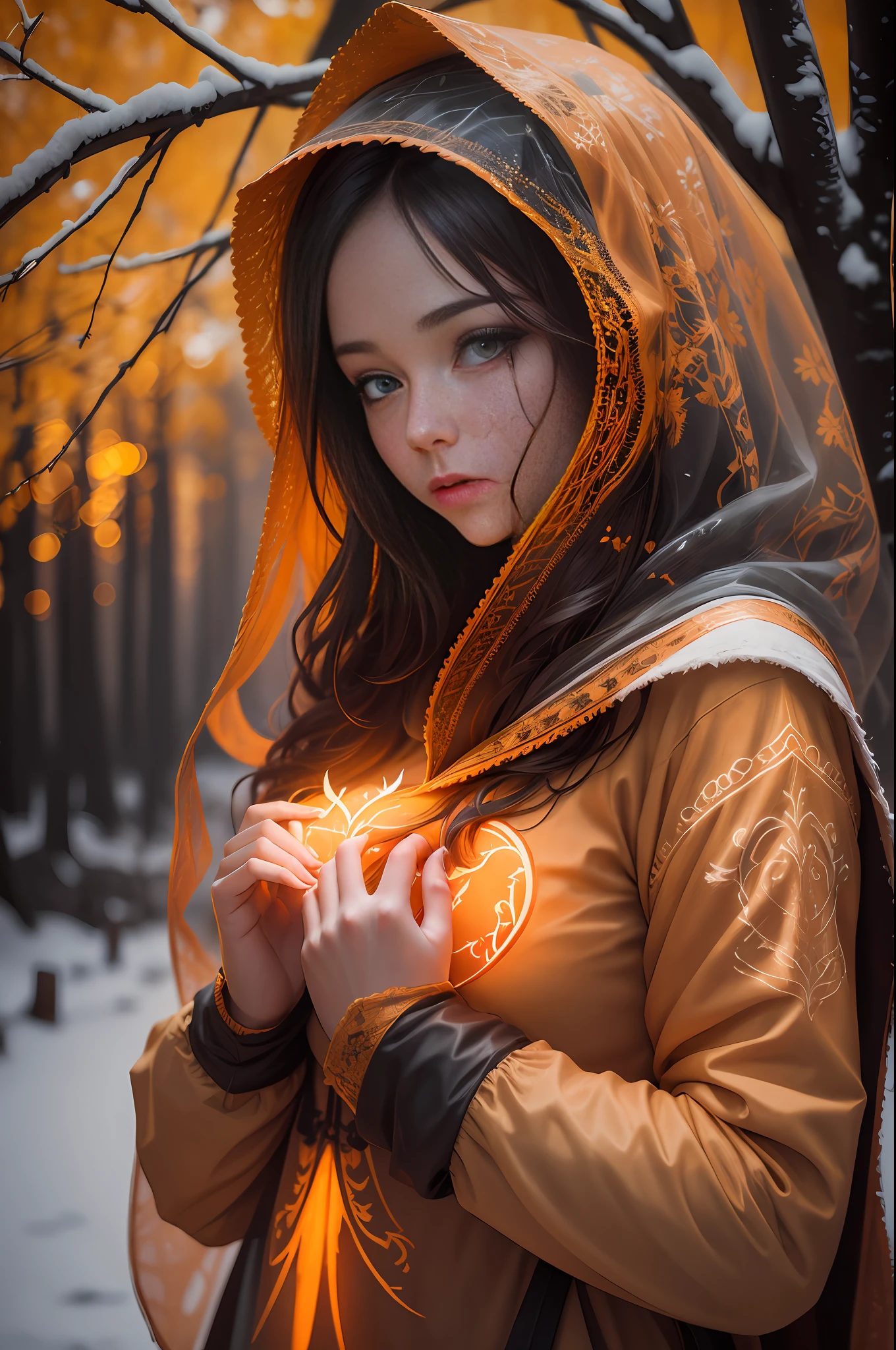 Beautiful Young Woman covered with tree branches , bright orange white glowing heart visible from human, Night time , colorful, photography hyperdetailed cinematic lighting hdr, softbox lighting, extreme detail --auto --s2