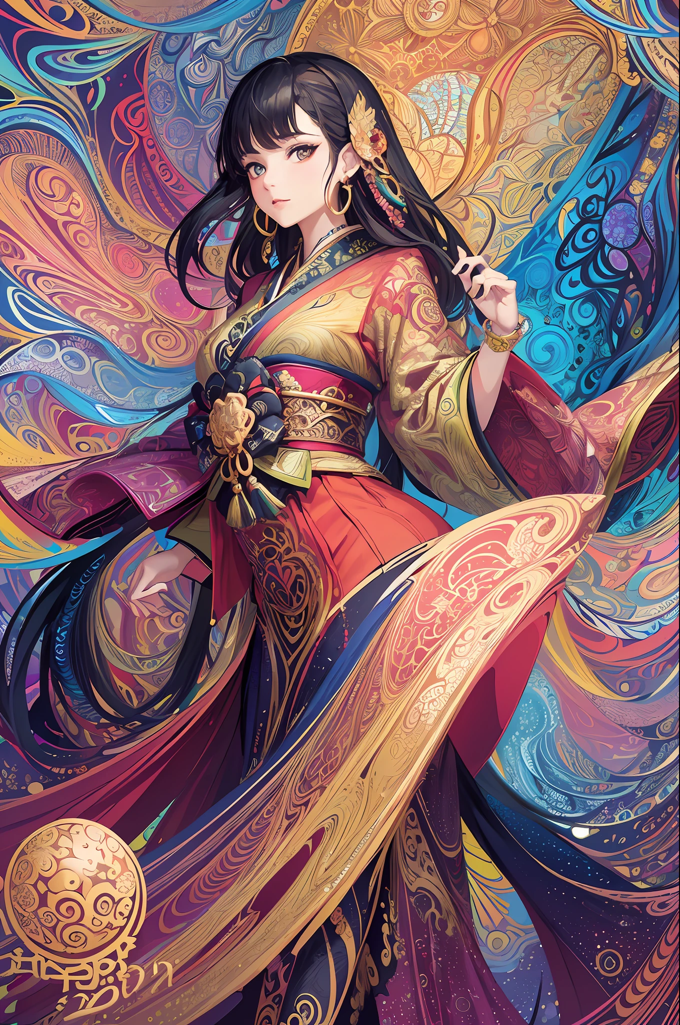 (masterpiece, top quality, best quality, official art, beautiful and aesthetic:1.2), (1girl:1.3), extremely detailed,(fractal art:1.1),(colorful:1.1),highest detailed,(zentangle:1.2), (dynamic pose), (abstract background:1.5), (japanese dress:1.2), (shiny skin), (many colors:1.4), ,(earrings:1.4),
