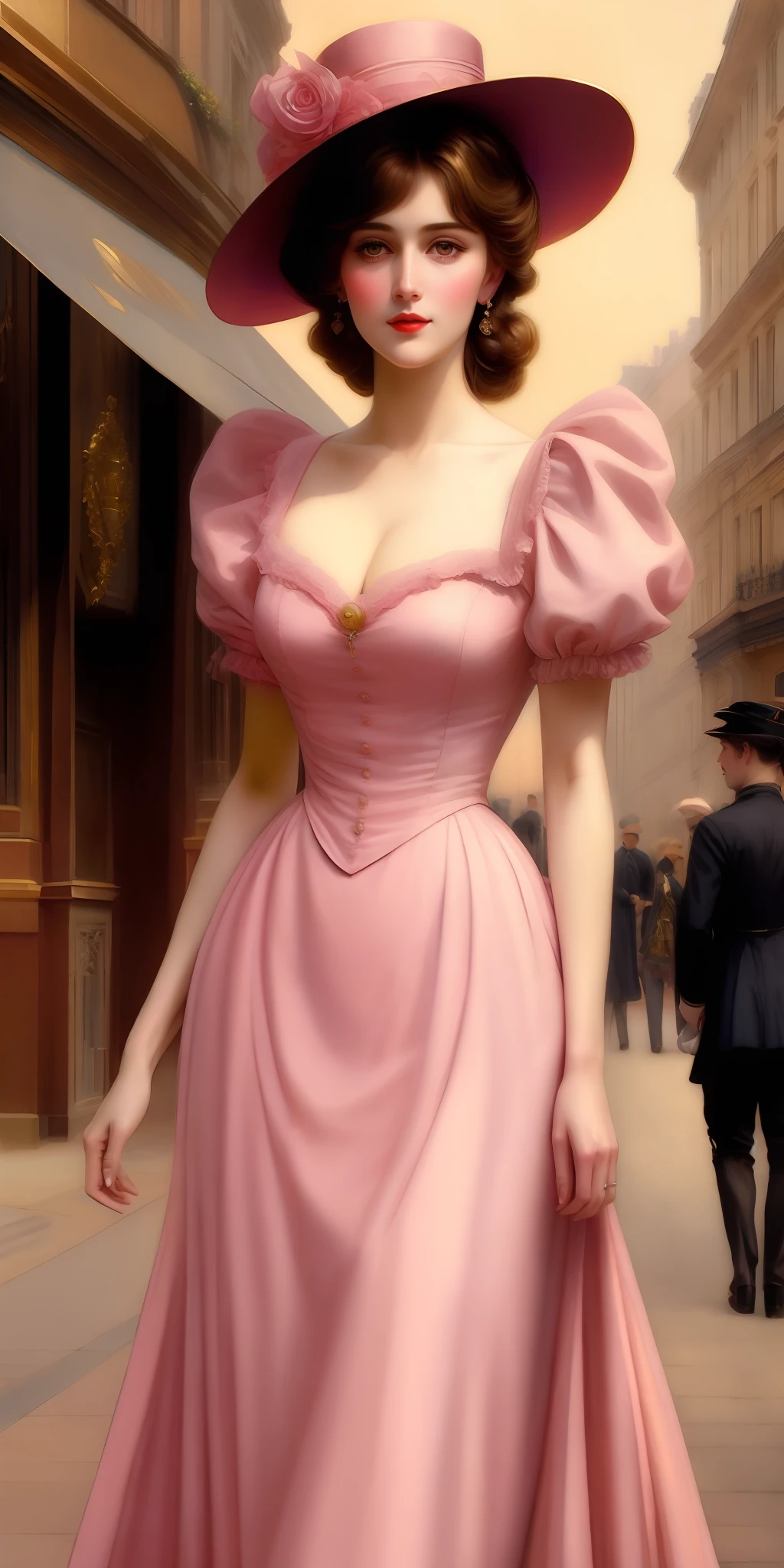 Painting, beautiful portrait, close-up, high resolution,8k,of a woman in a pink dress and hat walking down a street, Art by Edouard Bisson, ((Konstantin Razumov)), Konstantin Razumov, by Herbert James Gunn, Victorian lady, a beautiful Victorian woman, Victorian fantasy art, Herbert James Draper, dressed in Victorian clothes, Vittorio Matteo Corcos, beautiful character painting
