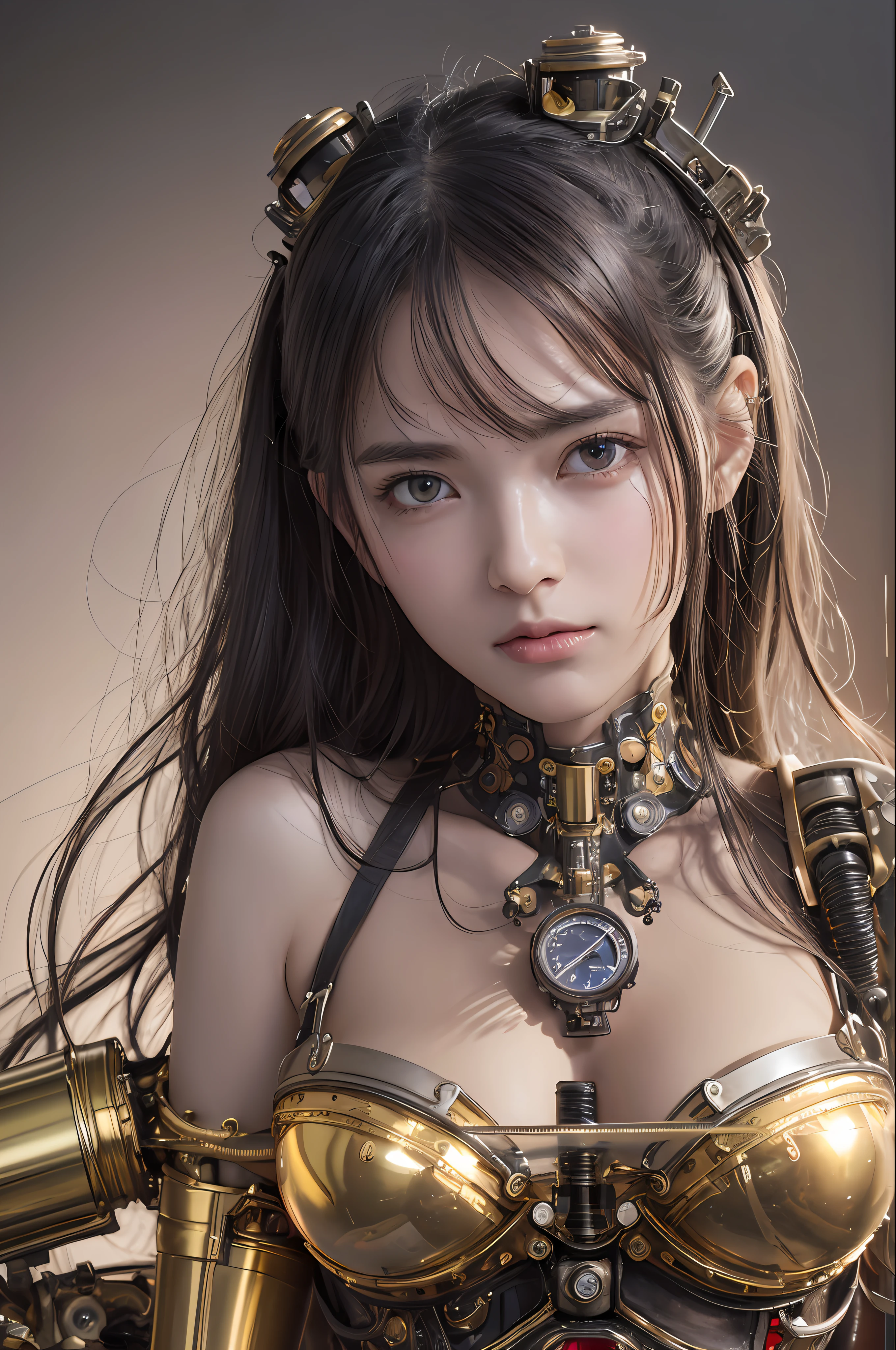 Top Quality, Masterpiece, Ultra High Resolution, (Photorealistic: 1.4), Raw Photo, 1 Girl, Black Hair, Glossy Skin, 1 Mechanical Girl, (Ultra Realistic Details)), Portrait, Global Illumination, Shadows, Octane Rendering, 8K, Ultra Sharp, Big, Cleavage Exposed Raw Skin, Metal, Detail of Intricate Ornaments, Steampunk details, Matsumoto meter, meter, vacuum tube, nixie suga, oil pressure gauge, glass tube, analog meter, gears, golden hydraulic cylinder, very intricate detail, realistic light, CGSoation trend, purple eyes, glowing eyes, facing the camera, neon details, mechanical limbs, blood vessels connected to tubes, mechanical vertebrae attached to the back, mechanical cervical attachment to the neck, sitting, wires and cables connecting to the head, Evangelion, small LED lamps,