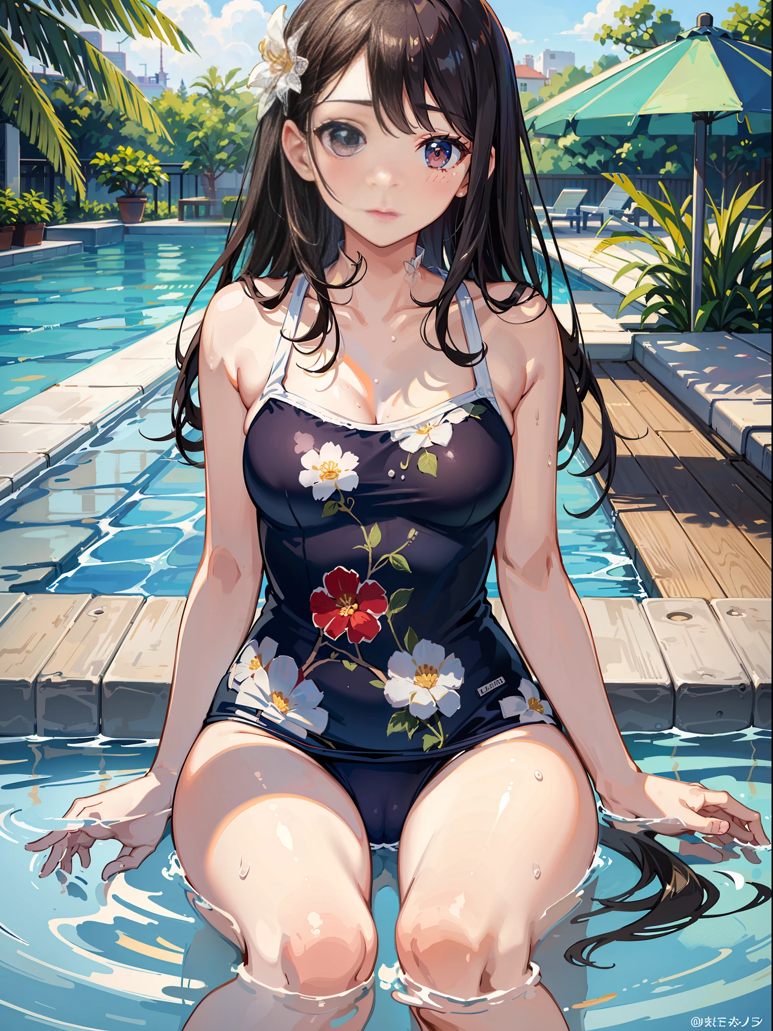 Slender beautiful girl, school swimsuit with floral pattern on white, high resolution, top quality, super detail, fine details, no blush cheeks, knee high, pool, splash, bathing, sunny sky, wet skin, small breasts