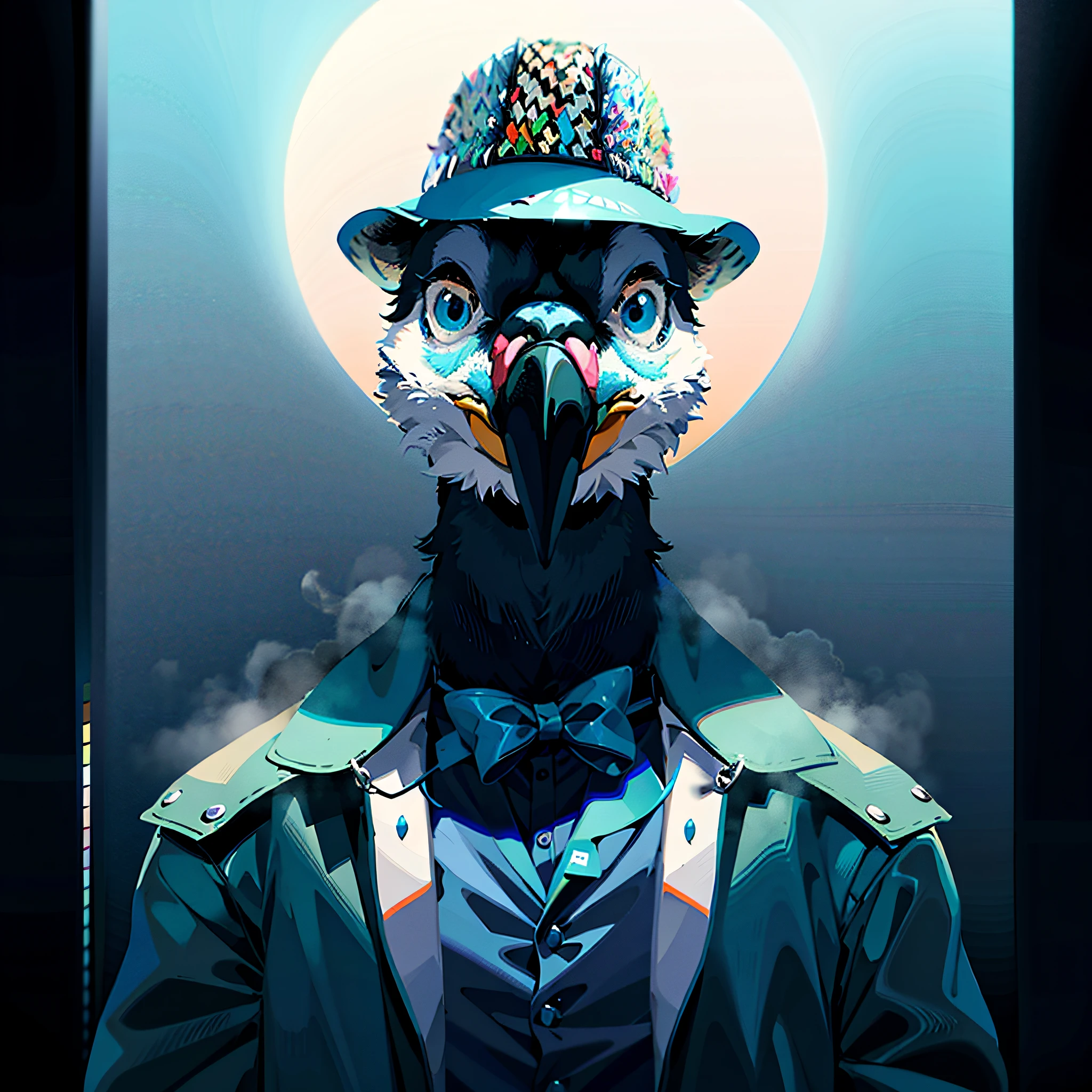Ostrich in blue hat and blue jacket, mixed animals, gonzo, anthropomorphic bird, animal in hat, bird with bow tie, totally gonzo, cartoon illustration, illustration