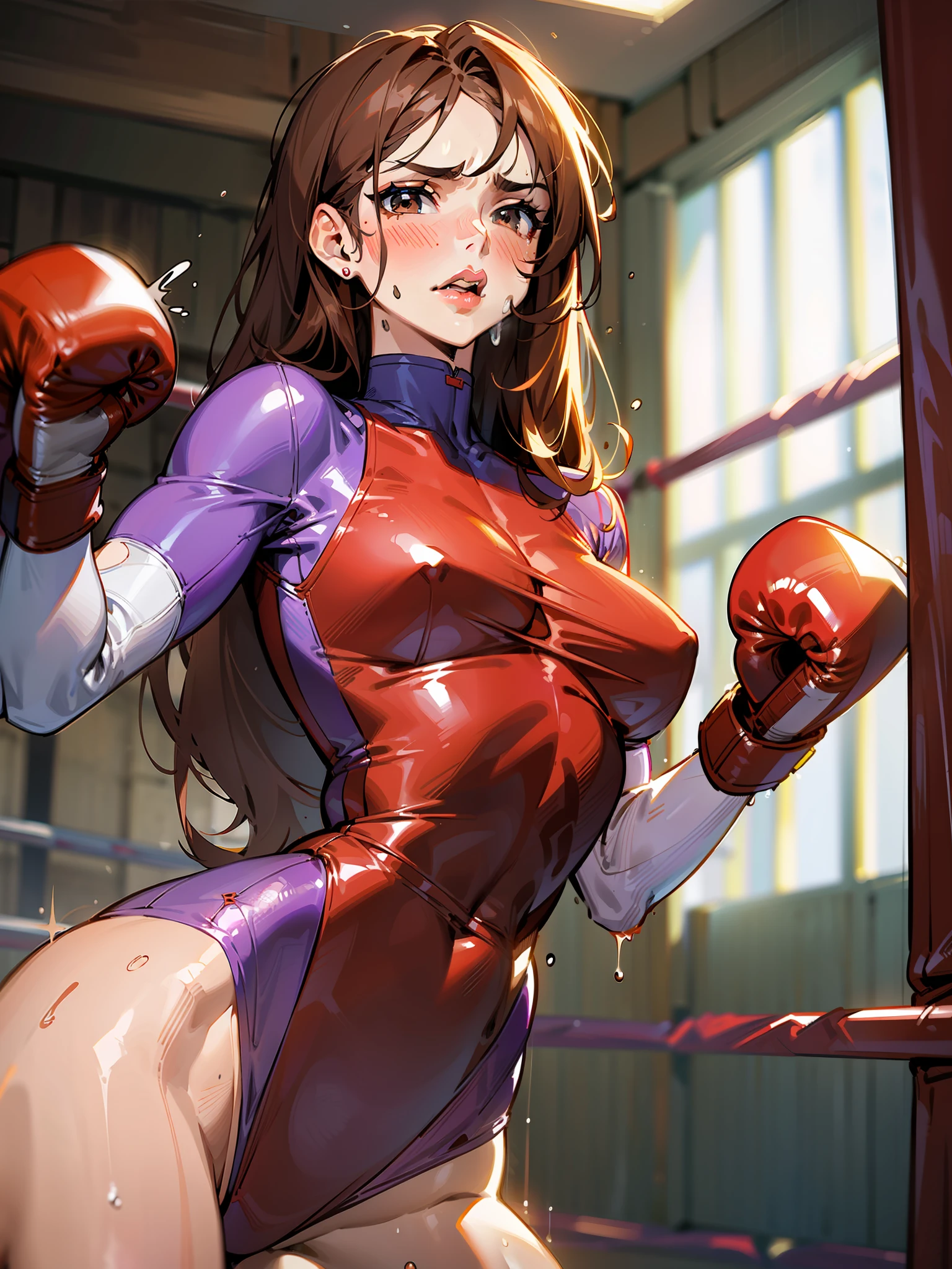 Red-brown hair, long hair, sexy lips, purple leotard, red lip, ((boxing gloves)), brown skin, one woman, absent-minded, sweat and saliva all over the body, abdominal damage marks, serious injury, inferiority, on the verge of fainting, steam, bedroom, punched by another woman