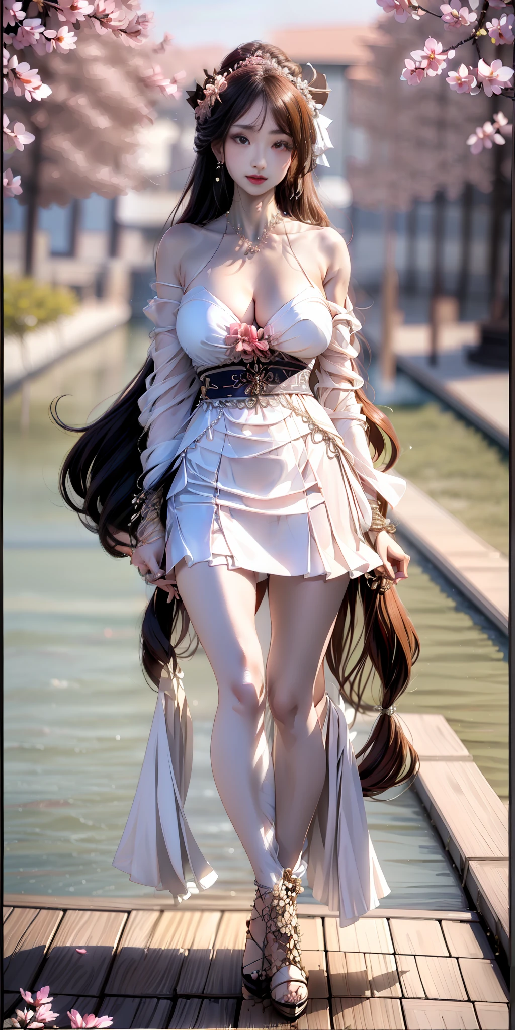A 20-year-old beauty wearing Hanfu face with cute patterns, horse face skirt, pink long skirt, black stockings, standing on the side of the road, delicate facial features, 8K HD, black broken hair, elegant, perfect proportion face, delicate facial features, sweet smile, delicate eyes, delicate eyelashes Beautiful eyes sweet with silkworms, necklace, delicate collarbone, (lipstick), long hair fluttering in the wind, best quality, infinite details, highest quality, perfect body, delicate skin, perfect details, realistic extreme, ultra-high-definition, real, finger refinement, Bow, no leaky chest, (not exposed) super beautiful body, oriental face, ((not exposed) pink, beige, black, long skirt, full body photo, 8k.