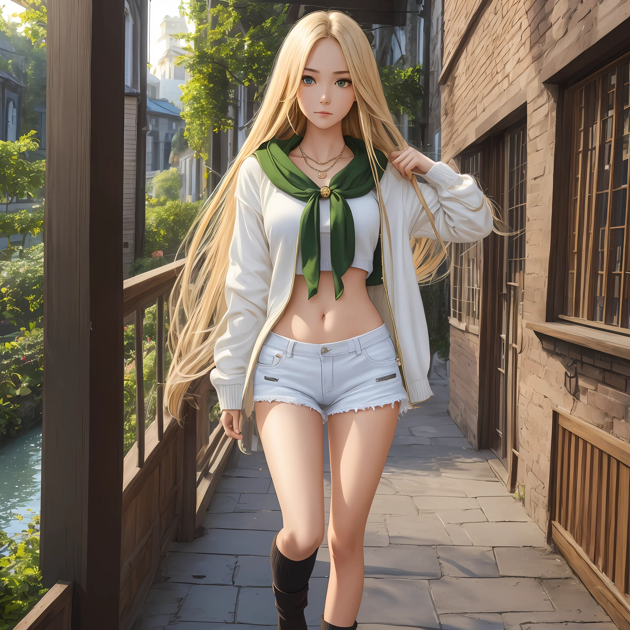 (Best quality, 8k, Loli, masterpiece, UHD: 1.2), beautiful European woman, small breast, beautiful long straight hair, full body, bar focus, oversized_sweater, necklace, fantasy calm background, side, looking forward,blonde hair, green eyes, little clothes,white shorts, white clothes,Ripped clothes,showing belly, German features, 168CM, slender face,
