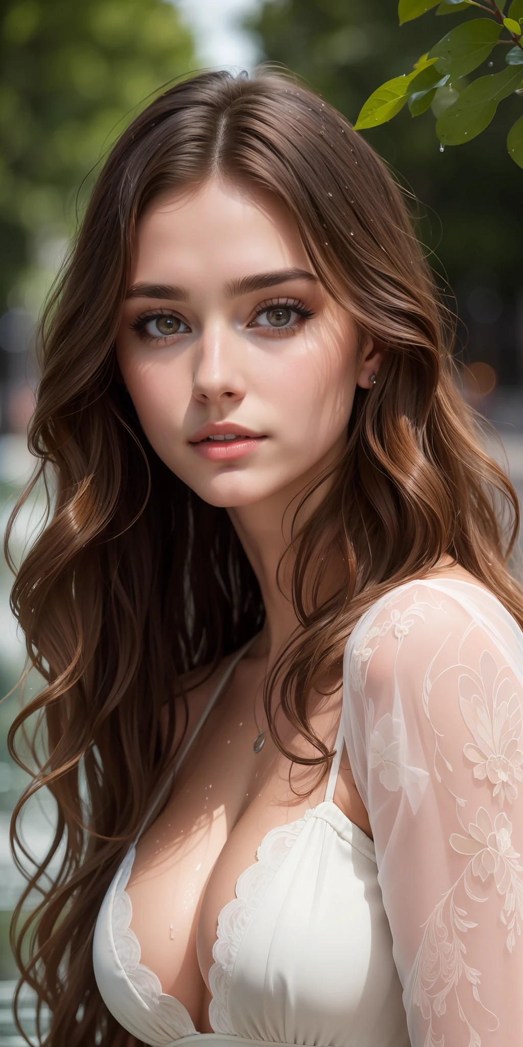 Photo of 25 year old European girl, RAW, beautiful woman, (brown hair with extra long wavy), ((portrait)), (Detailed face: 1.2)), (Detailed facial features)), (Fine skin), pale skin, high detail and deep cleavage body conhasmat suit, slim body, megacity environment, (cold color), wet, moist, reflection, (masterpiece) ( Perfect proportions) (realistic photos) (highest quality) (detail) shot with Canon EOS R5, 50mm lens, f/2.8, HDR, (8k) (wallpaper) (movie lighting) (dramatic lighting) (sharp focus) (complex) fashion