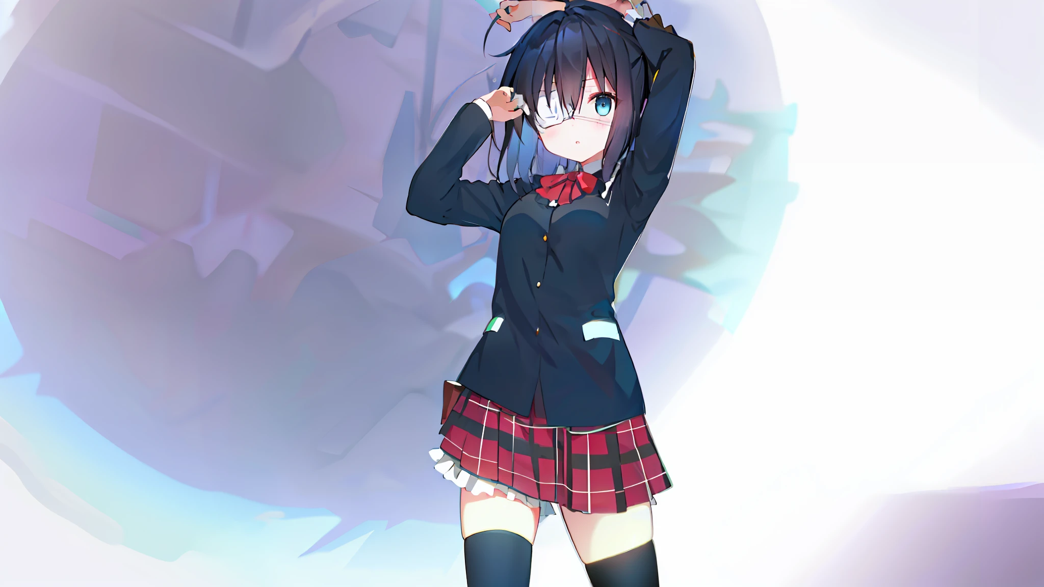 high res, masterpiece,Rikka Takanashi, black hair, solo, 1girl,outside,deatailed background, detailed eyes, ((blue eyes)), eyepatch