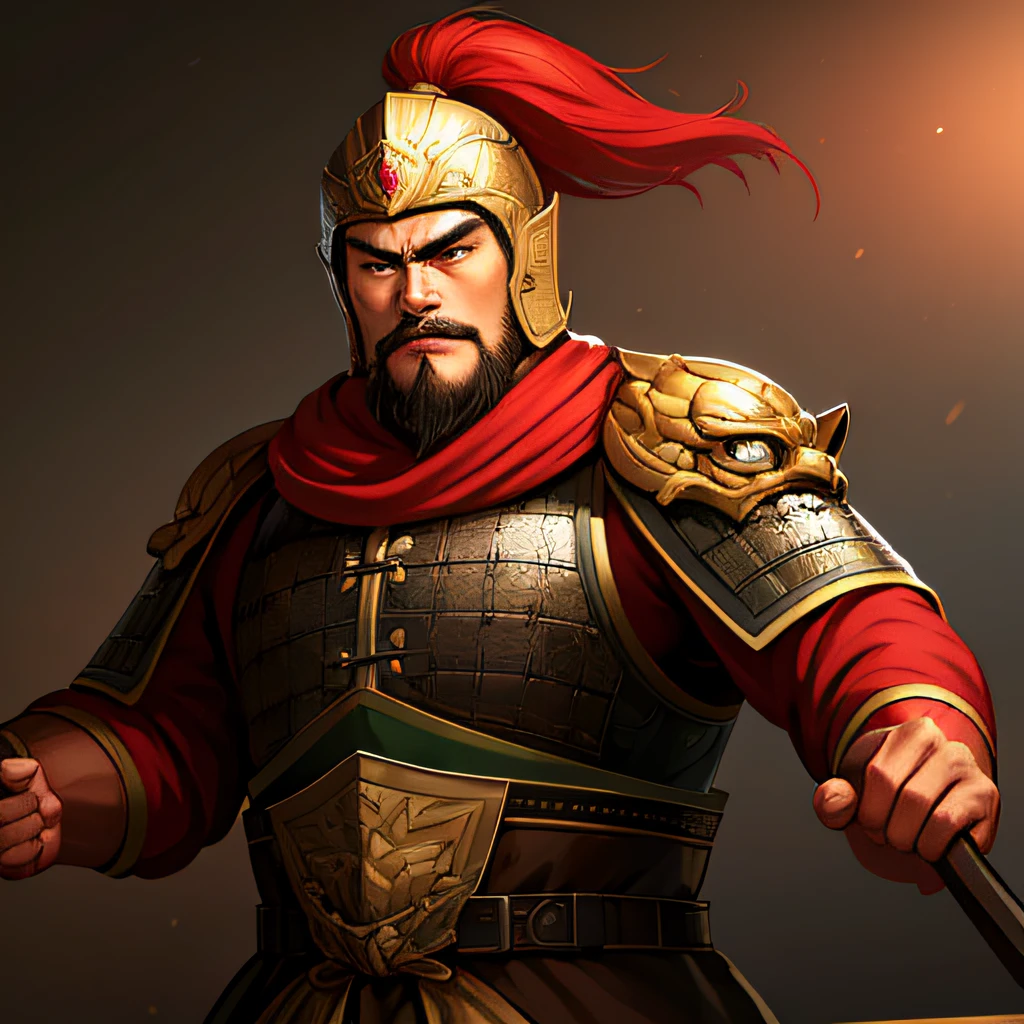 (4k,   best quality, highres:1.1), (masterpiece:1.1),   man, (Chinese male:1.2), middle-aged, warrior, detailed eyes, facial hair, muscular, strong, brave, courageous, powerful, honorable, disciplined, confident, looking at viewer,
face, bracer, helmet, armor, holding weapon, riding, horse, black, red,