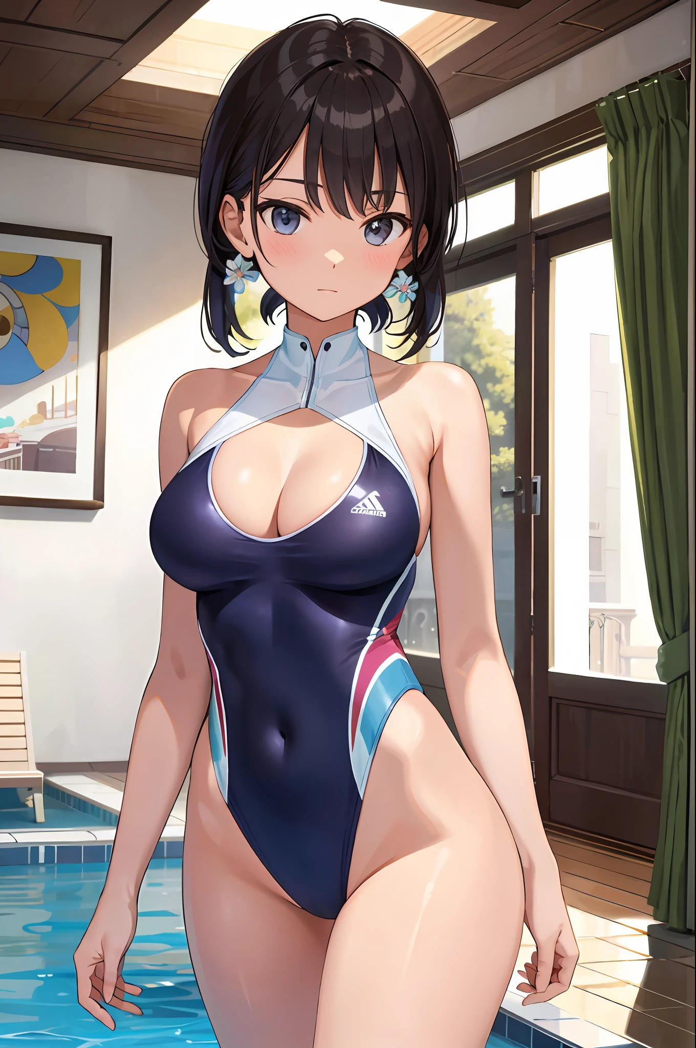 masterpiece, best quality, perfect detailed, high resolution, extremely delicate and beautiful, breast, competition swimsuit