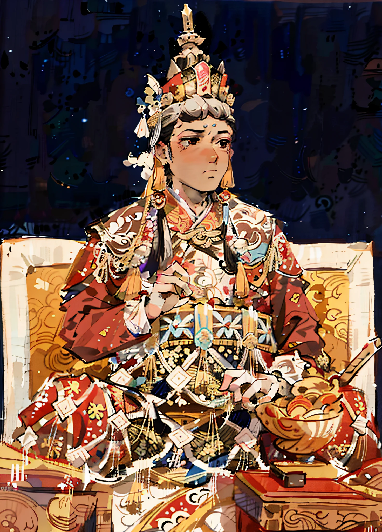 Masterpiece, ancient Chinese background, super detail, epic composition, ultra high definition, high quality, extremely detailed, official art, unified 8k wallpaper, super detail, 32k - v 6 thangka style, close-up of a person sitting in a chair wearing a hat, royal emperor, sitting in royal comfort, wearing gorgeous clothes, wearing gorgeous silk clothes, Chiba Xiongda, dressed as an emperor, Kuang Hong, by Xuande Emperor, ceremonial portrait, human emperor portrait, royal costume Akira, thangka style