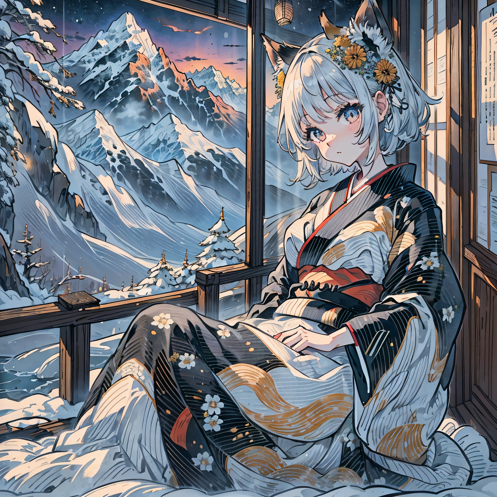 Girl short hair white or black with fox orehas with 9 tails beautiful mountains wearing iverno kimono to curl up on 2560 x 1080 screen --auto --s2