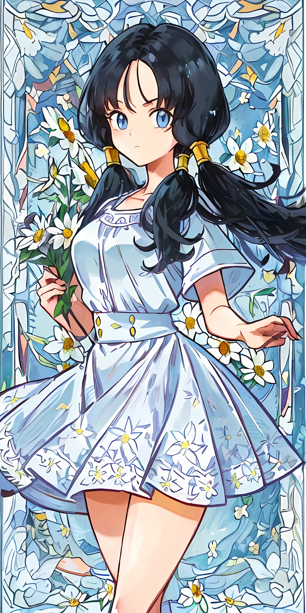 ((masterpiece, best quality, highresl)),(ilustration), videl2, solo, blue eyes, black hair, twintails, medium breasts, cowboy shot, high-waist skirt, flower field, vibrant natural flowers, tight white shirt, tarot card image border, flower field background