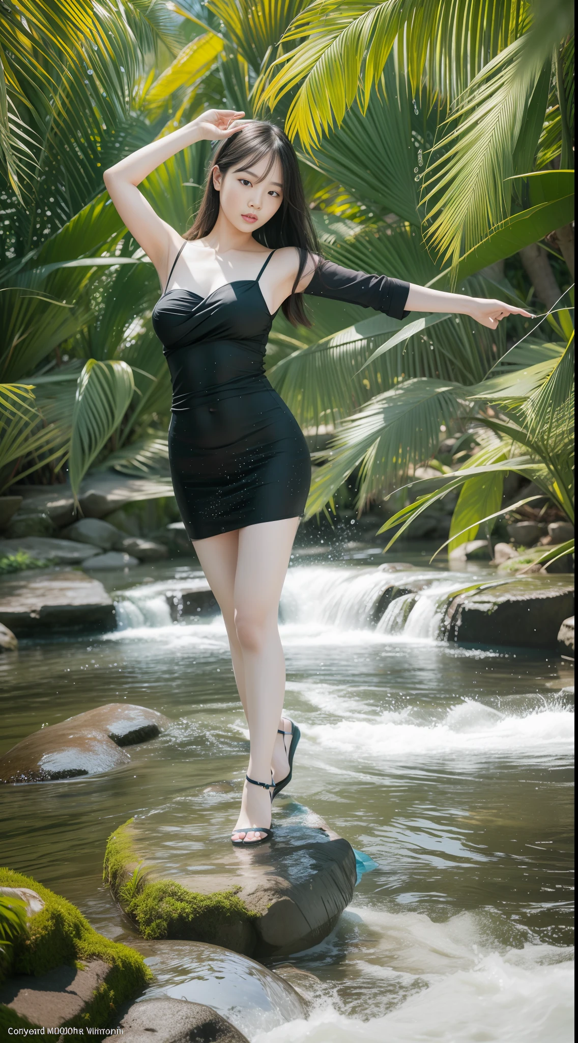 (8k, RAW Photo, Best Quality, Masterpiece: 1.2), (Realistic, Photo Real: 1.37), Ultra High Resolution, Depth of Field, Chromatic Aberration, Caustics, Wide Light Illumination, Natural Shadows, Fujifilm XT3, Masterpiece, Ultra Detailed, Beautiful Dress, 1 Asian Girl, Solo, Standing, Looking at the Audience, Full Body, Outdoor, Dynamic Pose, Water Magic,