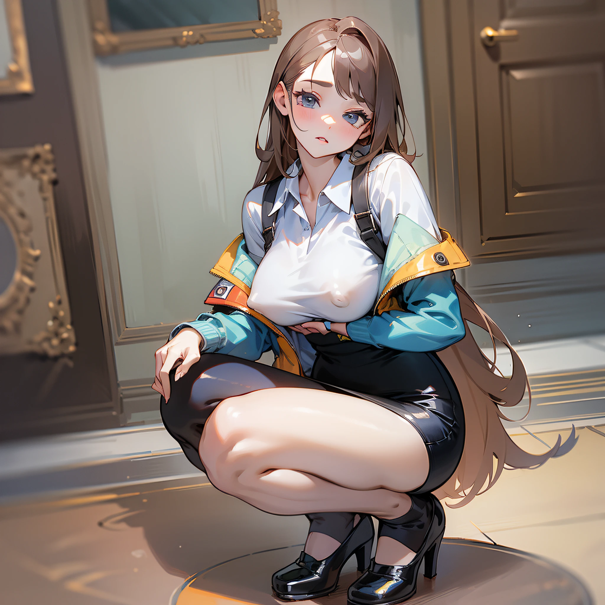 ((best quality)), ((masterpiece)), long pencil skirt, shirt, puffy nipple, full body, squatting,