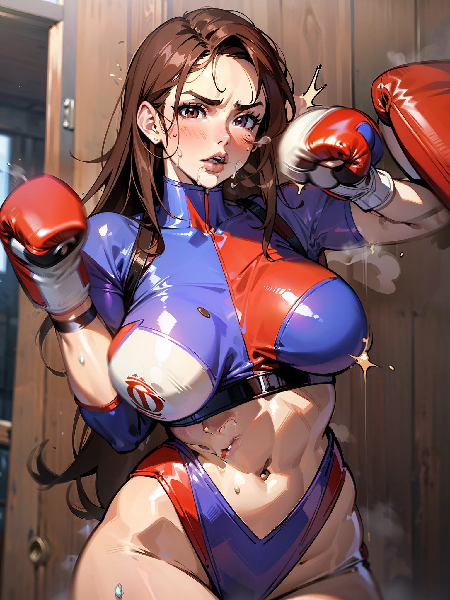 Reddish-brown hair, long hair, sexy lips, purple leotard, red lip, ((boxing gloves)), brown skin, two women, absent-minded, sweat and saliva all over the body, abdominal damage marks, serious damage, inferiority, on the verge of fainting, steam, bedroom, punched by another dark-haired woman, belly punch