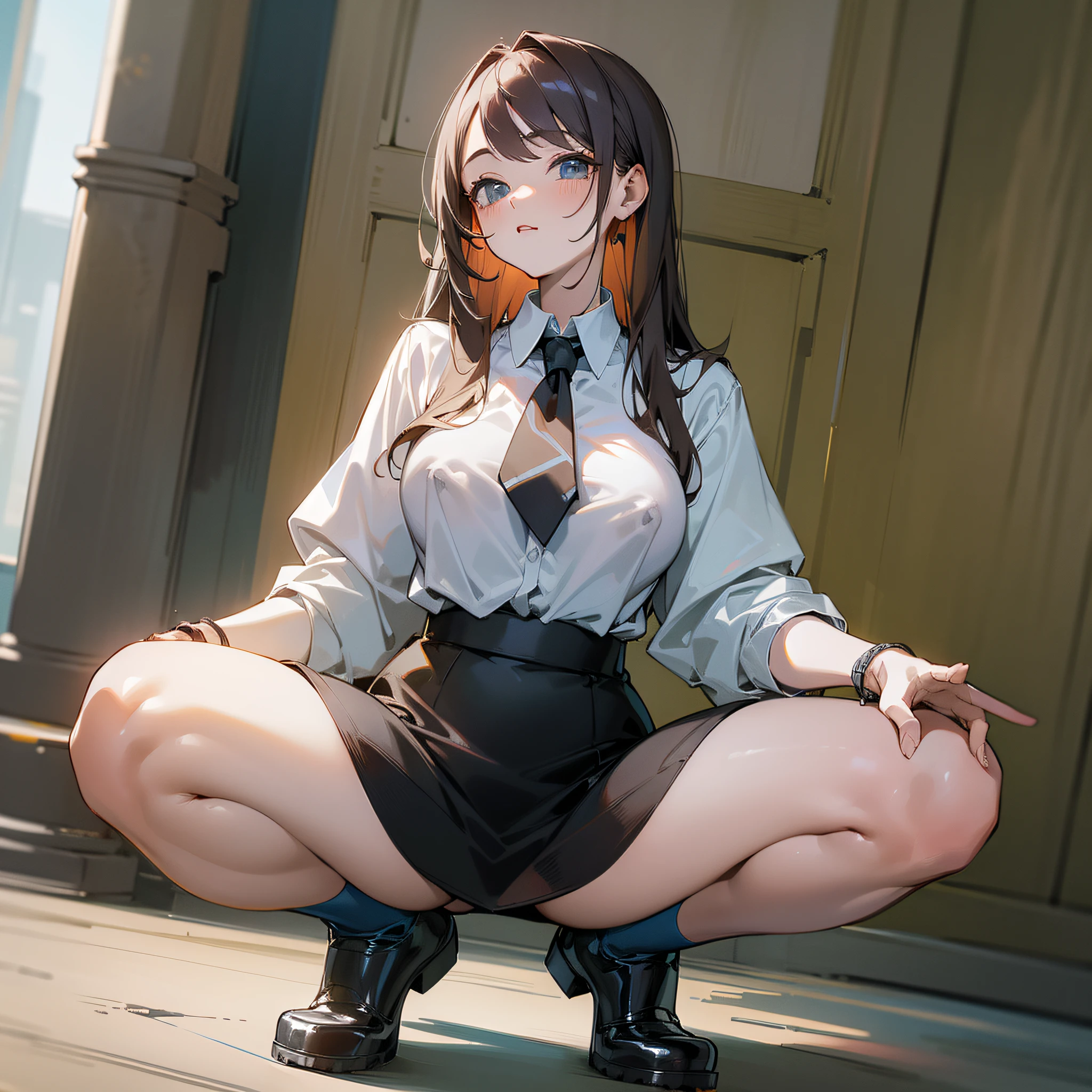 ((best quality)), ((masterpiece)), long pencil skirt, shirt, puffy nipple, full body, squatting,