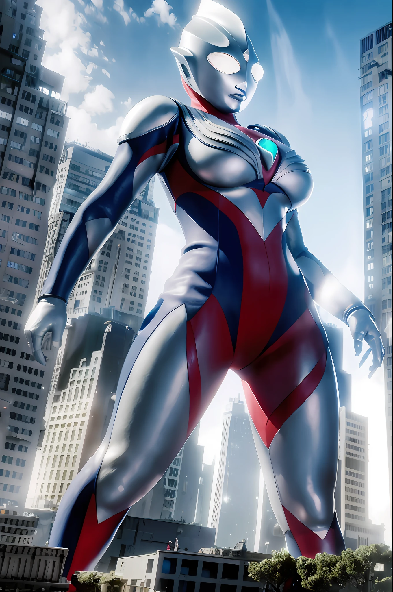 Masterpiece, best quality, 1 girl, no hair, alien, big breasts, solo, tokusatsu, full body, (giant), railing, glowing eyes, glowing eyes, glow, from below, white eyes, city, building, damaged buildings, tilt shift, ruins