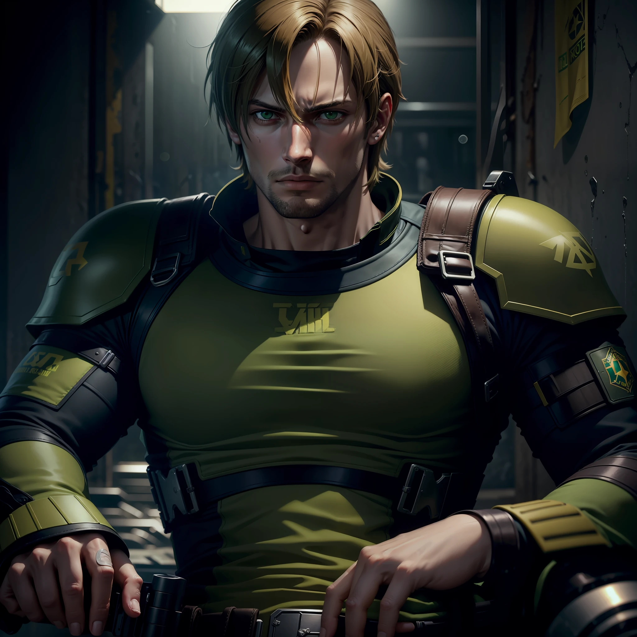 Create Leon S. Kennedy (resident evil) ultrarealistic, photorealistic, 40k, hyperdetailed, with light military armor, in green and yellow, metallic colors, in a Brazilian 🇧🇷 setting, from Rio de Janeiro in the favela