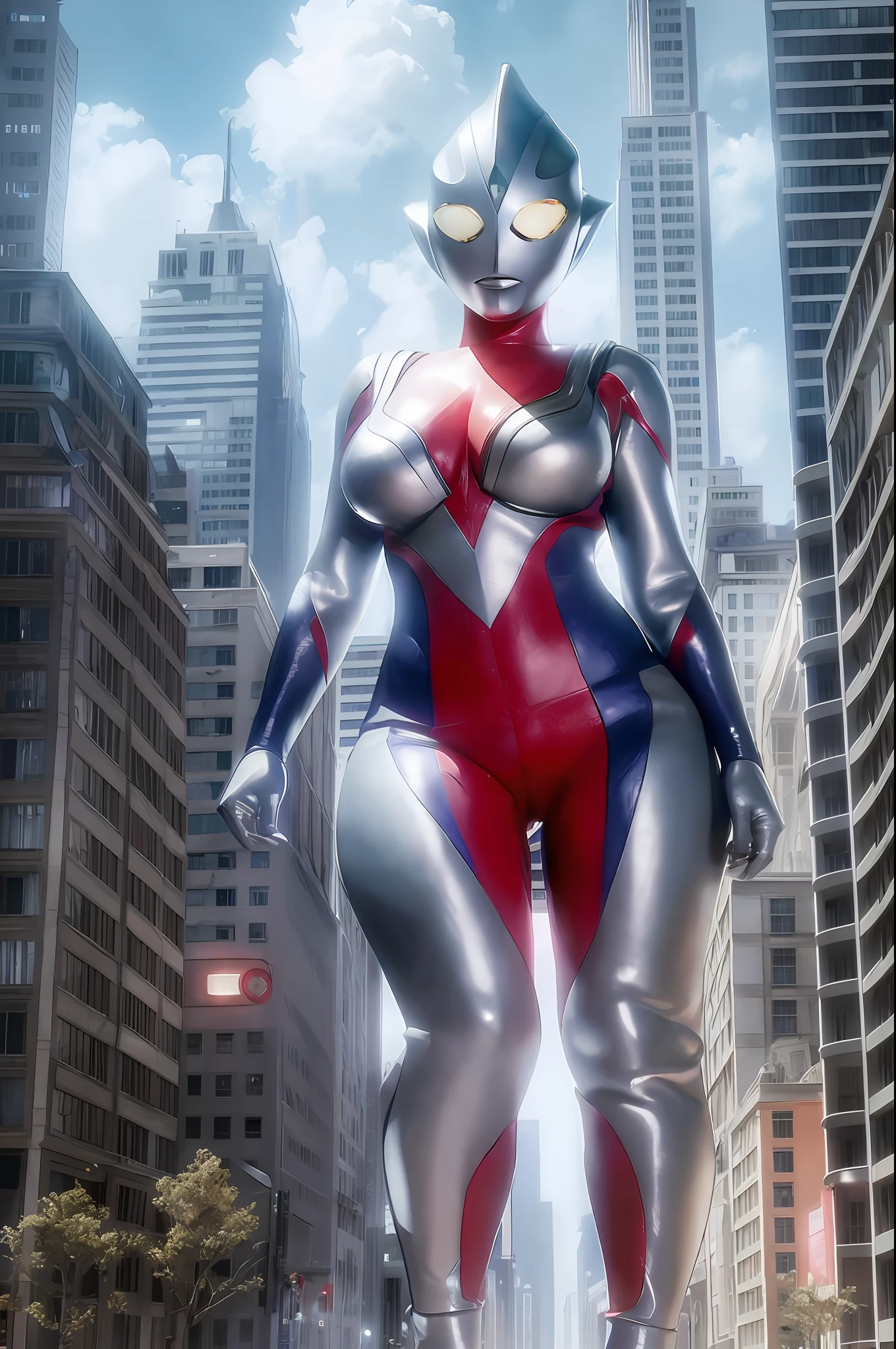 Masterpiece, best quality, 1 girl, no hair, alien, big breasts, solo, tokusatsu, full body, (giant), railing, glowing eyes, glowing eyes, glow, from below, white eyes, city, building, damaged buildings, tilt shift, ruins