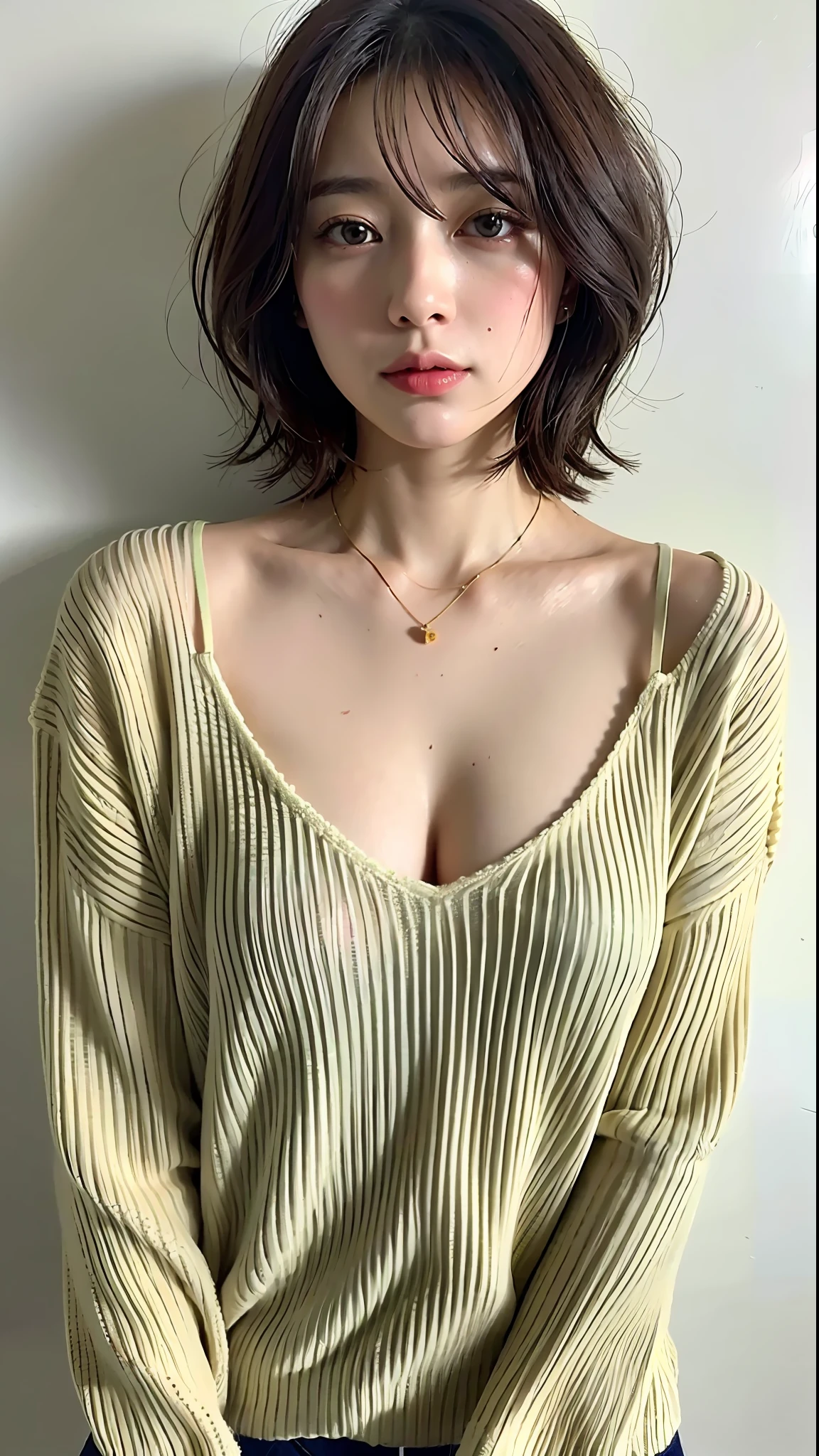 (Best Quality, 8k, 32k, Masterpiece, UHD: 1.2), Cute Japan Woman Pictures, Big, Very Short Bob Hair, Upper Body, Face Focus, oversized_sweater, Necklace, Simple Background, From Above, Look at the Viewer, Show Her Cleavage, Leanover, Kiss