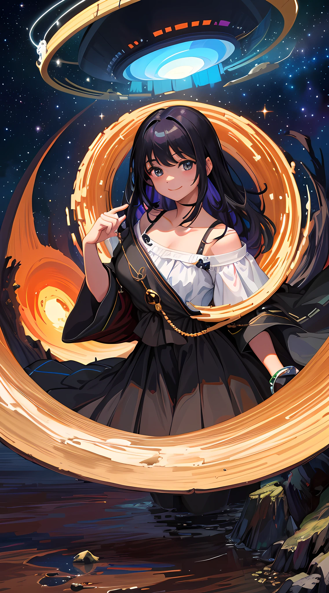 (the highest quality cosmic picture, a masterpiece), 1 girl, in focus a girl with a beautiful smile on a beautiful wooden bridge, a black hole, a beach surrounded by a dense forest, the earth and planets fill the sky, in the distance a majestic view of deep space