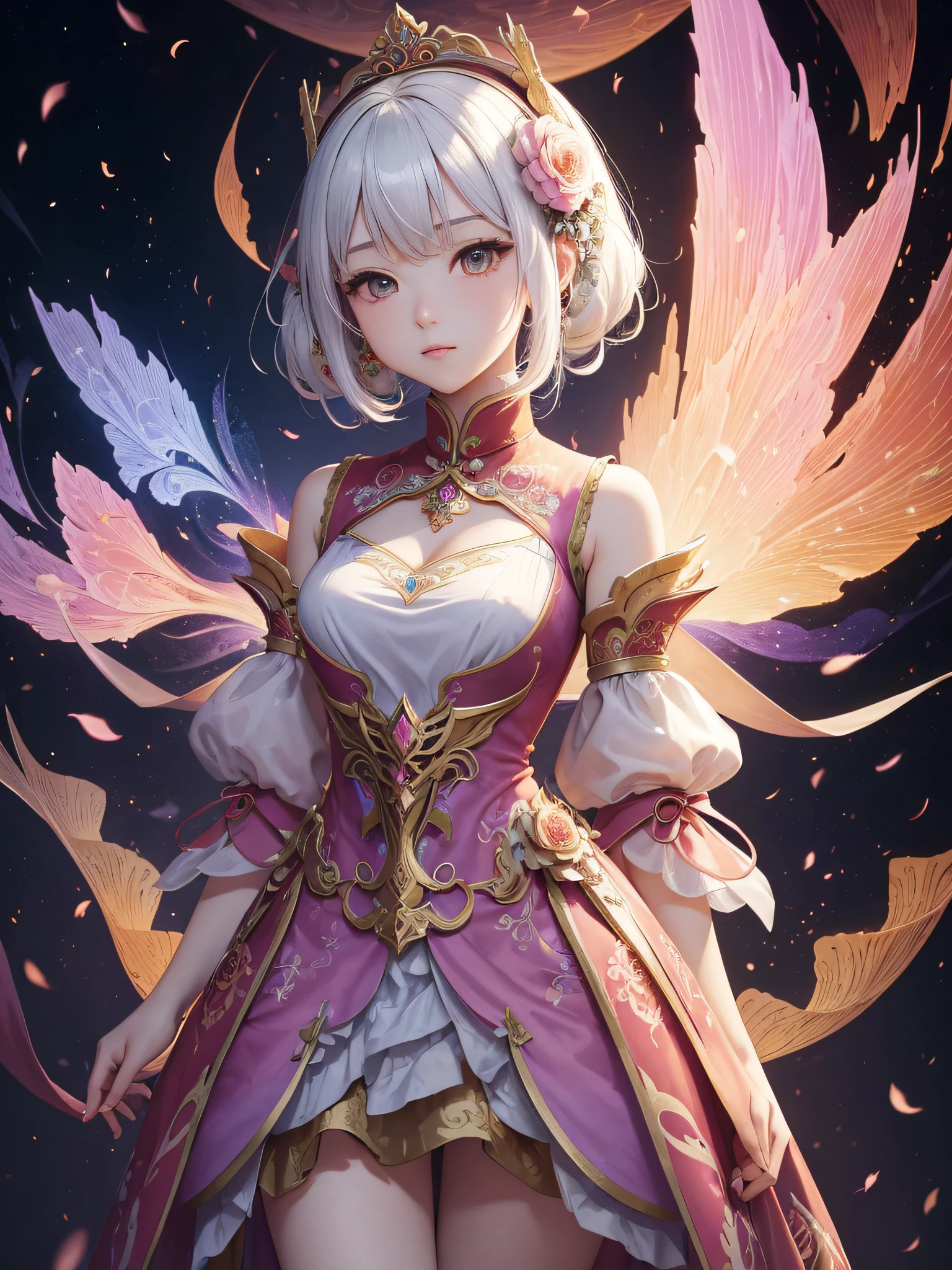 (masterpiece, top quality, best quality, official art, beautiful and aesthetic:1.2), (1girl), extreme detailed,(fractal art:1.3),colorful,highest detailed,DUNHUANG_CLOTHS,DUNHUANG_STYLE,DUNHUANG_BACKGROUND,DUNHUANG_DRESS,DUNHUANG_FAN,Pink Mecha,Honey Mecha,Mecha,moyou,1girl,White hair,baihuaniang,flower,