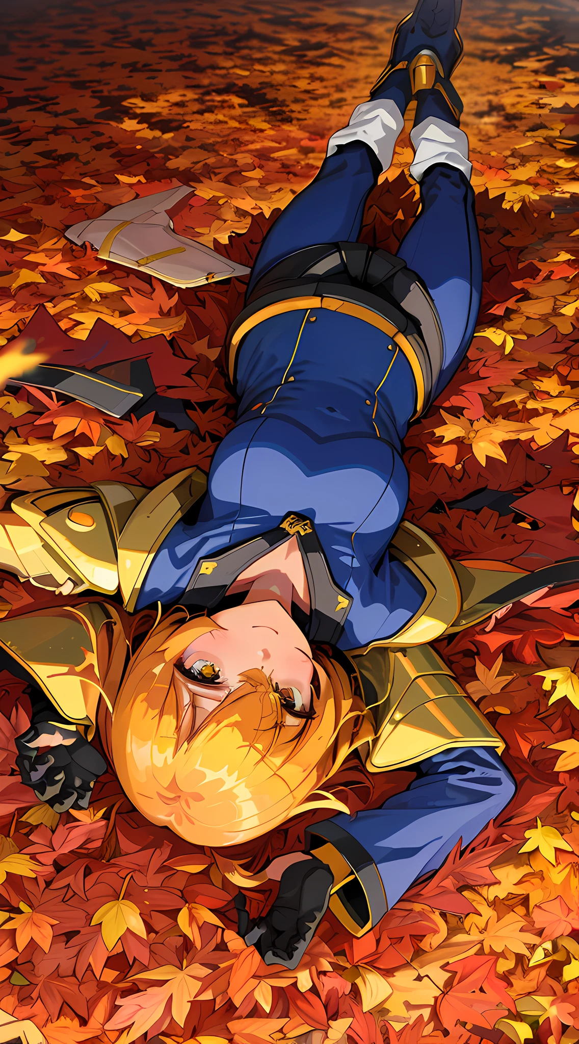 (military iron suit, luxurious golden hue, look into the future), (sky of cobalt shades, sunrise, autumn leaves, village landscape)