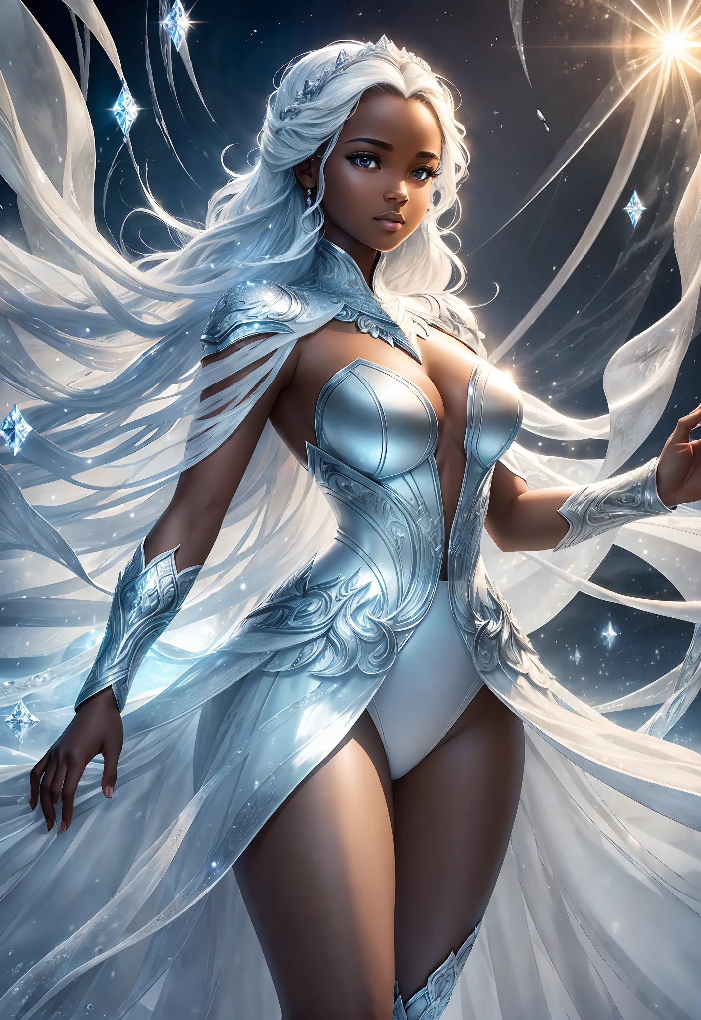 award winning 64k concept art of (black 1girl:1.2) in white majestic open dress standing proudly on the ice, posing, epic, god rays, centered, upper body, (masterpiece:1.2), (best quality:1.2), Amazing, highly detailed, beautiful, finely detailed, warm soft color grading, Depth of field, extremely detailed 64k, fine art, stunning, iridescent, shiny, (light reflections:1.2), (crisp:1.5), silver curls, blizzard, vibrant, sunlit, (edge detection:1.2), absurdres, impressive, 120mm, outlining, wide thighs