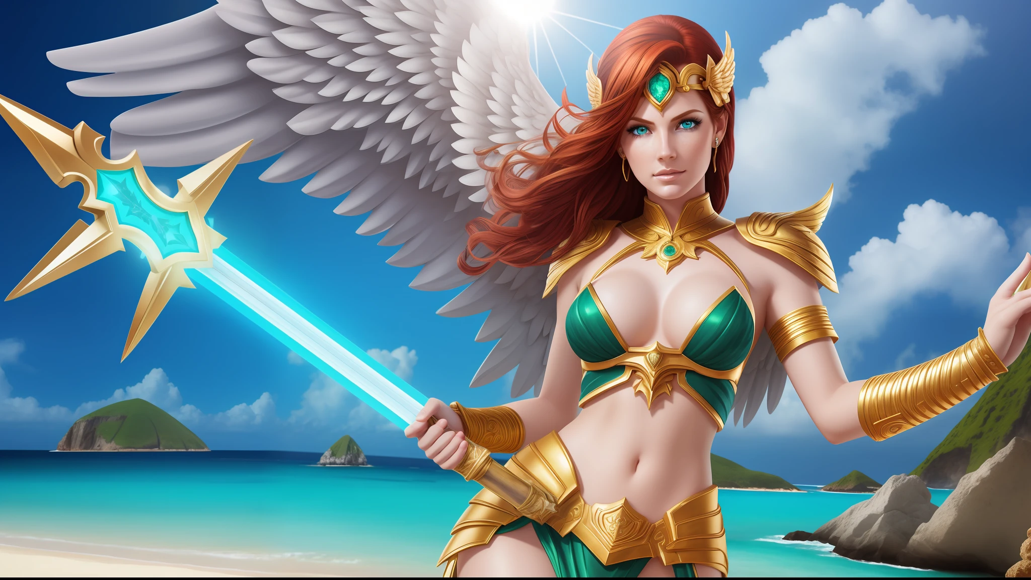 Goddess of justice represented by a beautiful woman, futuristic outfit, blue eyes, golden sword, emerald scale, red hair, few freckles on the face, white angel wings, caribbean beach background, hdr, many details, high definition, realistic.