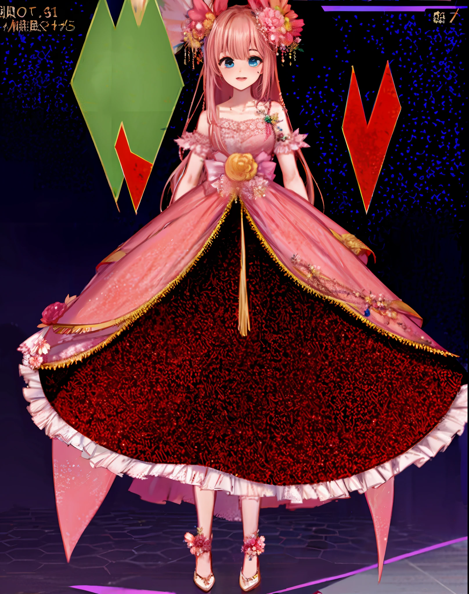 AVAKuma OC anime - style illustration of a woman in a pink dress with flowers, my dress up darling anime, clear outfit design, detailed full body, highly detailed full body, cute anime waifu in a nice dress, flowing magical robe, wearing fantasy formal clothing, full body detailed, full body adoptable, !!full body portrait!!, robe. extremely high details, maybe no panties, peeing self
