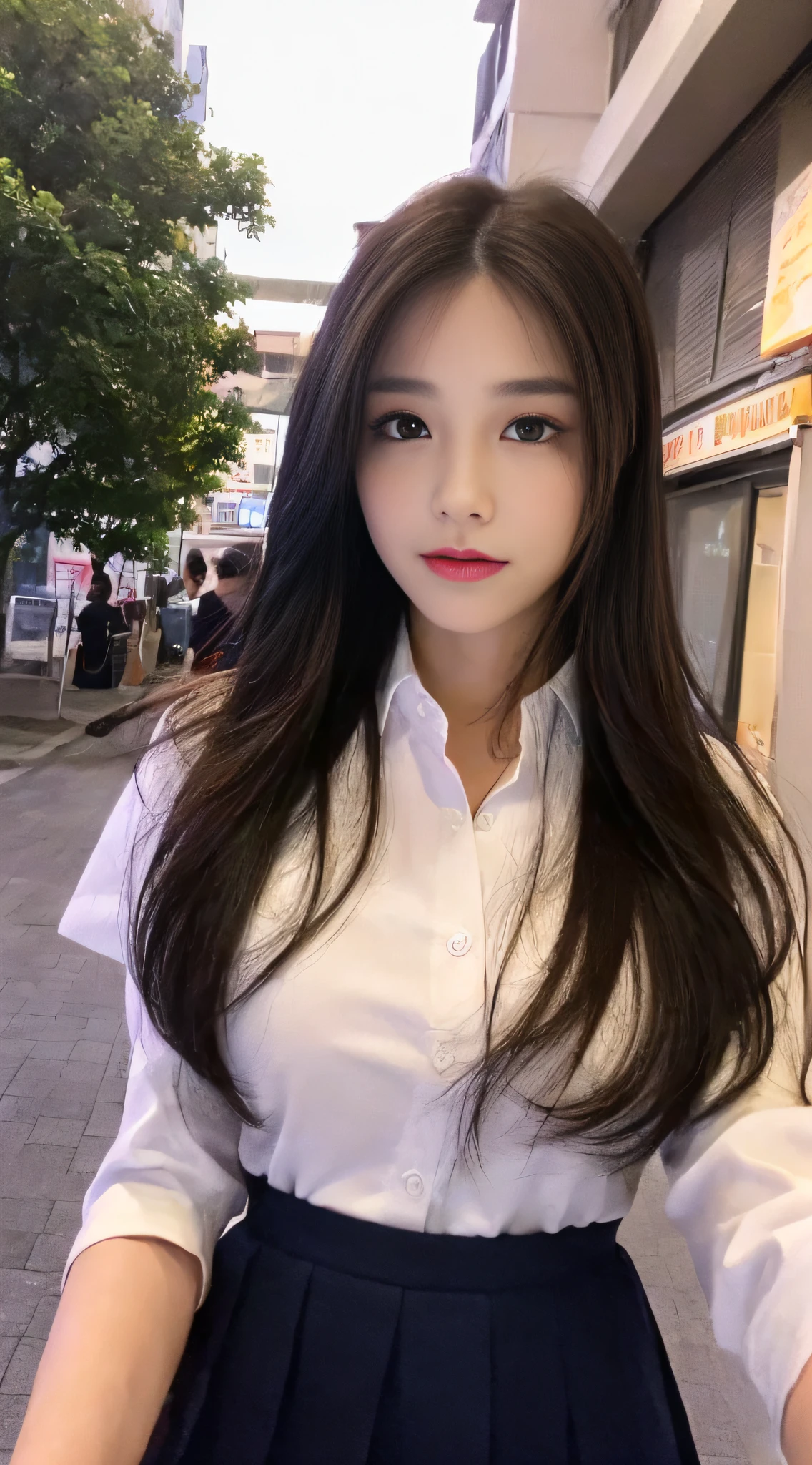 ((Best quality, 8k, Masterpiece :1.3)), full body, Sharp focus: 1.2, perfect body beauty: 1.4, slender abs: 1.2, ((dark brown hair, big breasts: 1.2)), pink JK uniform: 1.1, (Night City, Streets: 1.1), highly detailed facial and skin textures, detailed eyes, double eyelids