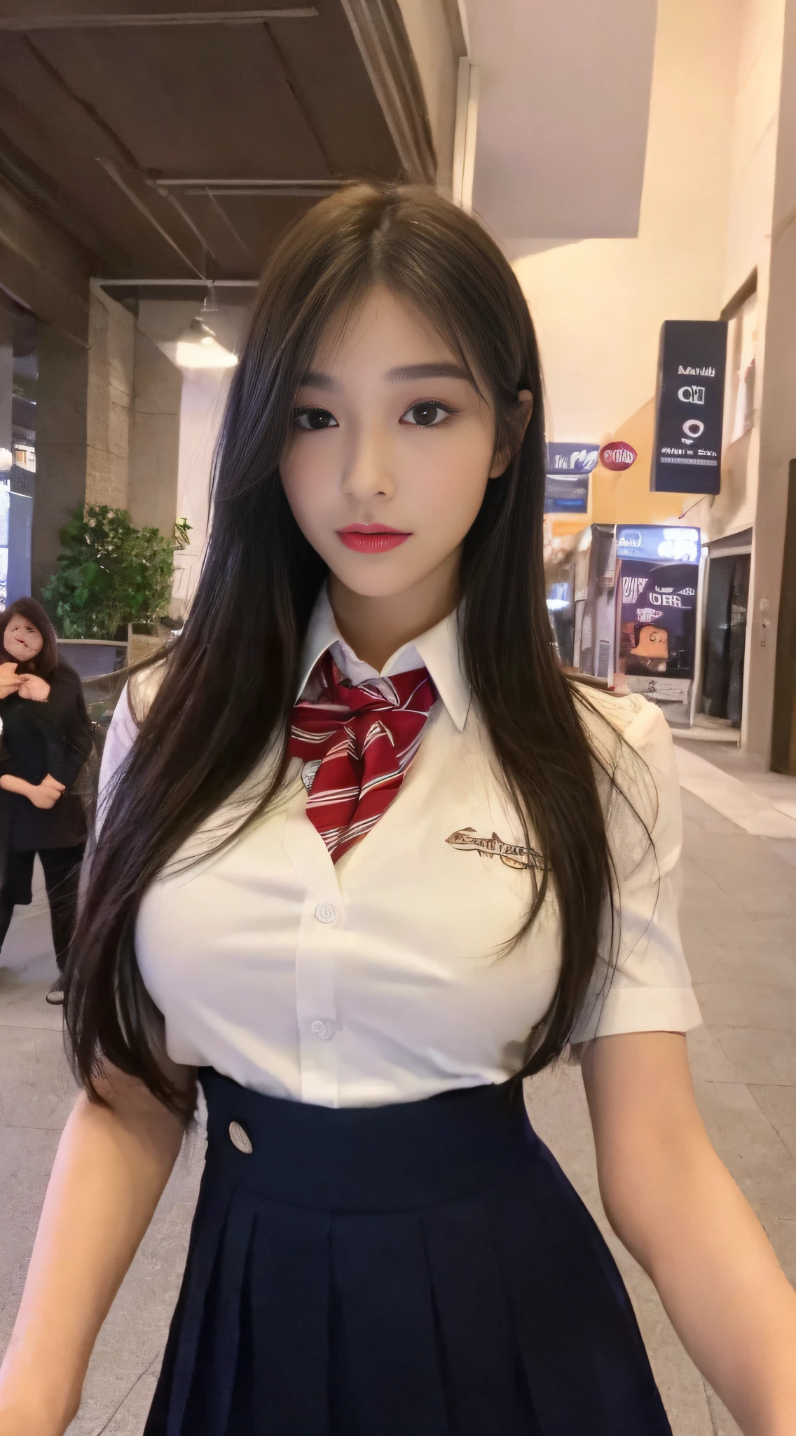 ((Best quality, 8k, Masterpiece :1.3)), full body, Sharp focus: 1.2, perfect body beauty: 1.4, slender abs: 1.2, ((dark brown hair, big breasts: 1.2)), pink JK uniform: 1.1, (Night City, Streets: 1.1), highly detailed facial and skin textures, detailed eyes, double eyelids