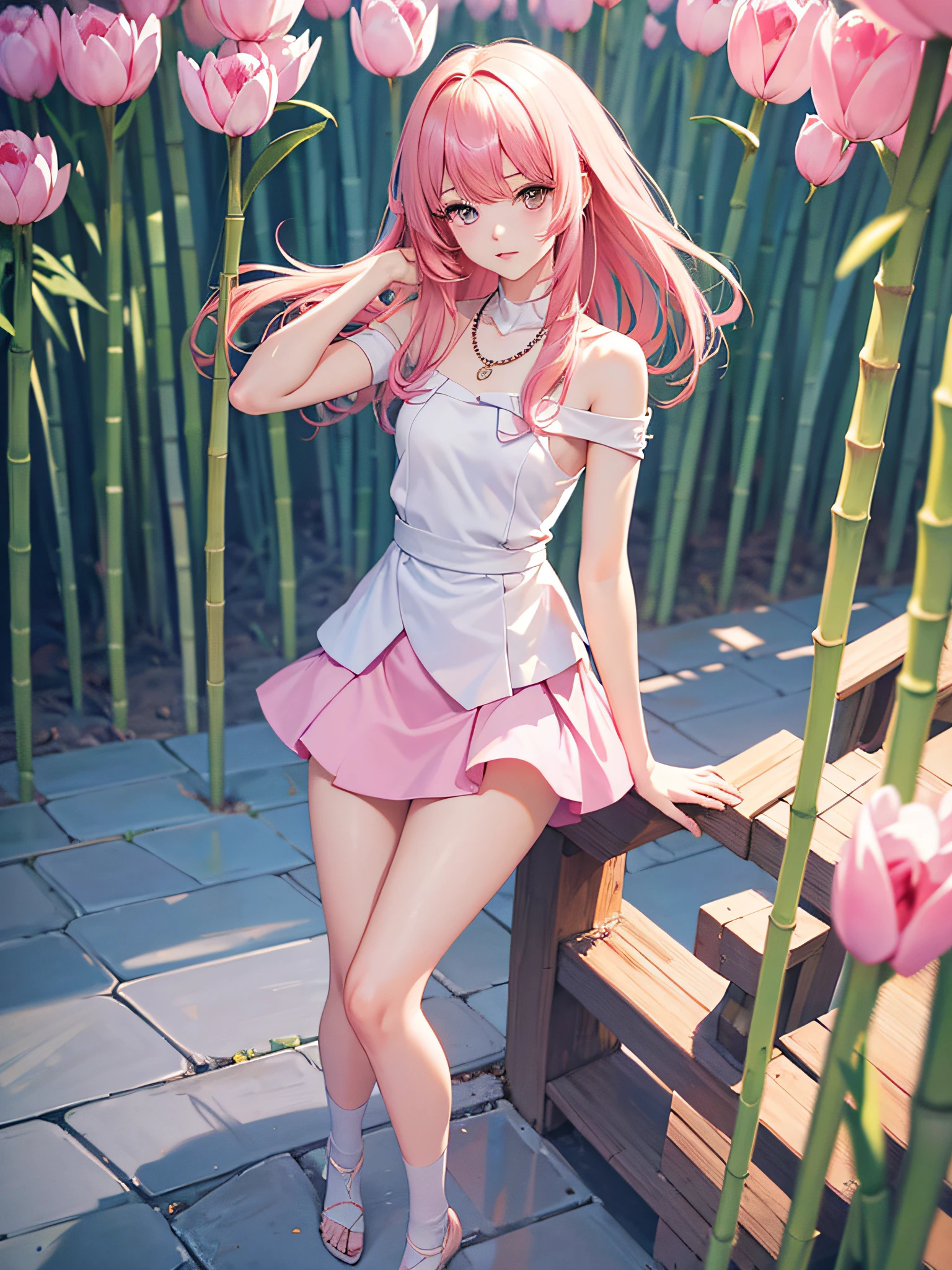Girl, ((beautiful pupil)), bangs, (high-end sense), ((hair color pink,)), long hair, bare shoulders, silk, short skirt, white stockings, necklace, full body picture, Illustration effect, Anime Illustration, (Absolutely beautiful girl), ((, tulip, bamboo)), ((temperament)), 8K, Ultra HD, fine painting, high definition, aesthetics, detailed light and shadow, Fine painting,