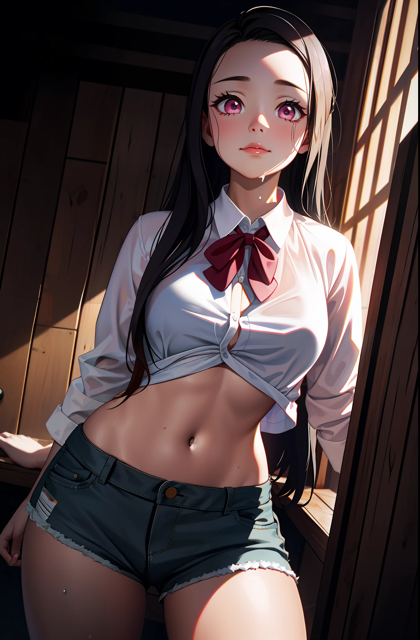 masterpiece, realistic eyes, best quality, bamboo, closed mouth, beautiful lighting, cinematic, 8k, solo, 1girl, facial, wet face, liner, wooden walls, medium tits, white shirt, short shorts, back, wide hips, cum, kamado nezuko, pink eyes,