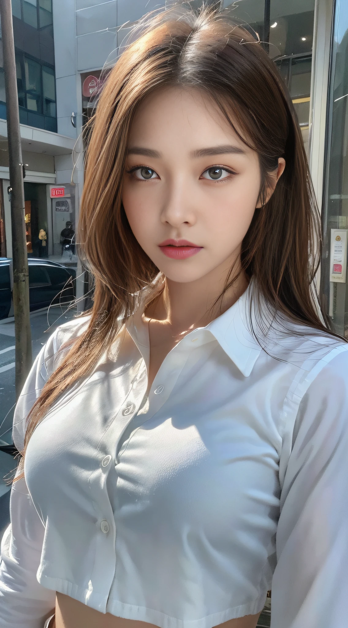 ((Best Quality, 8K, Masterpiece: 1.3)), Sharp: 1.2, Perfect Body Beauty: 1.4, Slim Abs: 1.2, ((Layered Hairstyle, Big Breasts: 1.2)), (Wet White Button Long Shirt: 1.1), (Rain, Street: 1.2), Wet: 1.5, Highly detailed face and skin texture, detailed eyes, double eyelids, side face looking at the camera