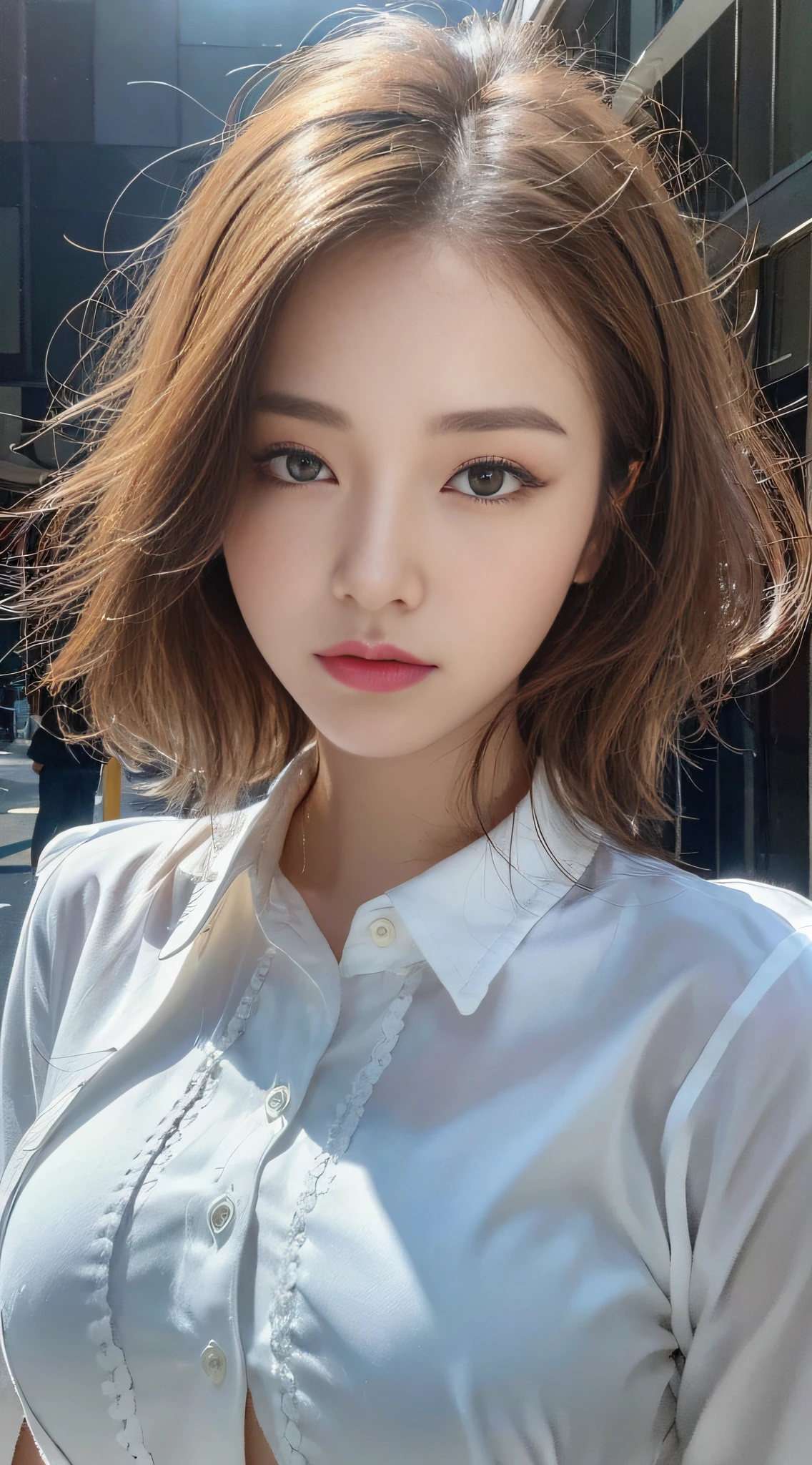 ((Best Quality, 8K, Masterpiece: 1.3)), Sharp: 1.2, Perfect Body Beauty: 1.4, Slim Abs: 1.2, ((Layered Hairstyle, Big Breasts: 1.2)), (Wet White Button Long Shirt: 1.1), (Rain, Street: 1.2), Wet: 1.5, Highly detailed face and skin texture, detailed eyes, double eyelids, side face looking at the camera