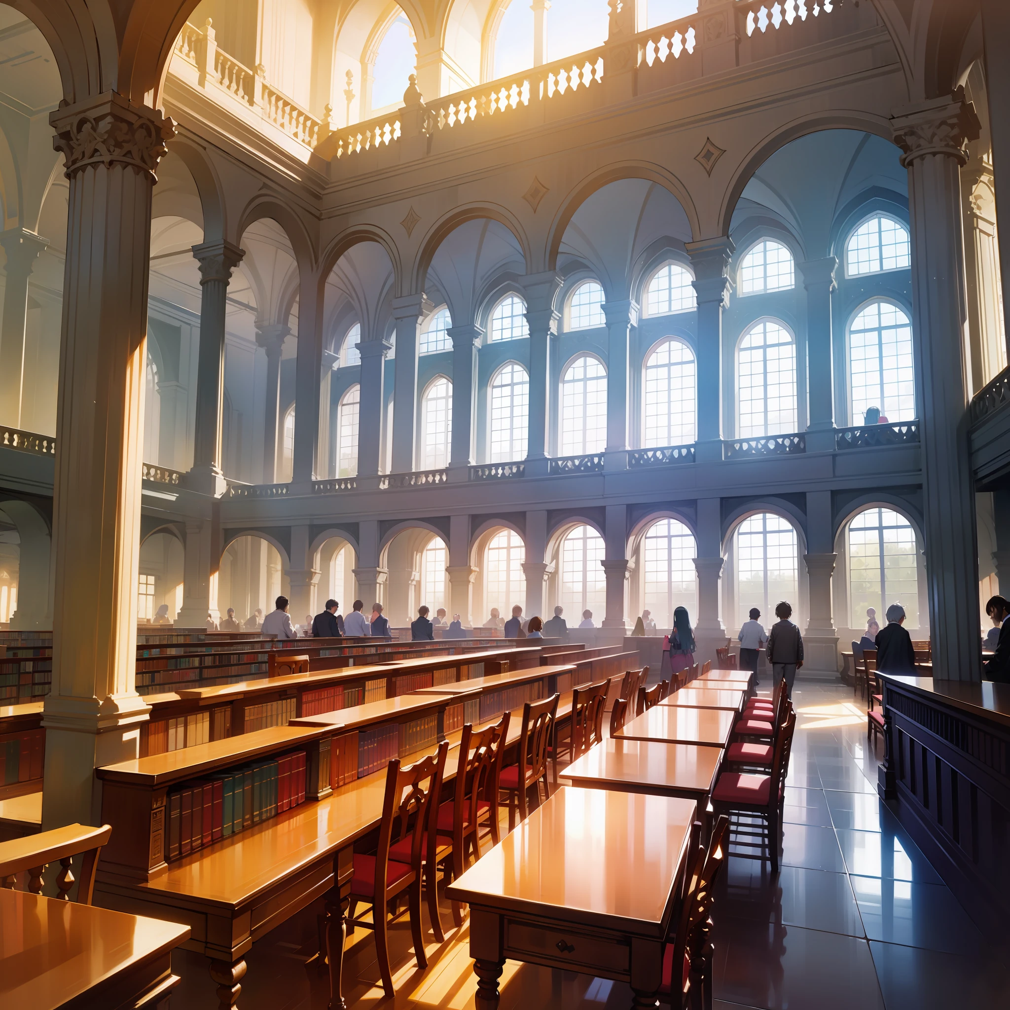 Huge library, many tables and chairs are placed, many people walk around