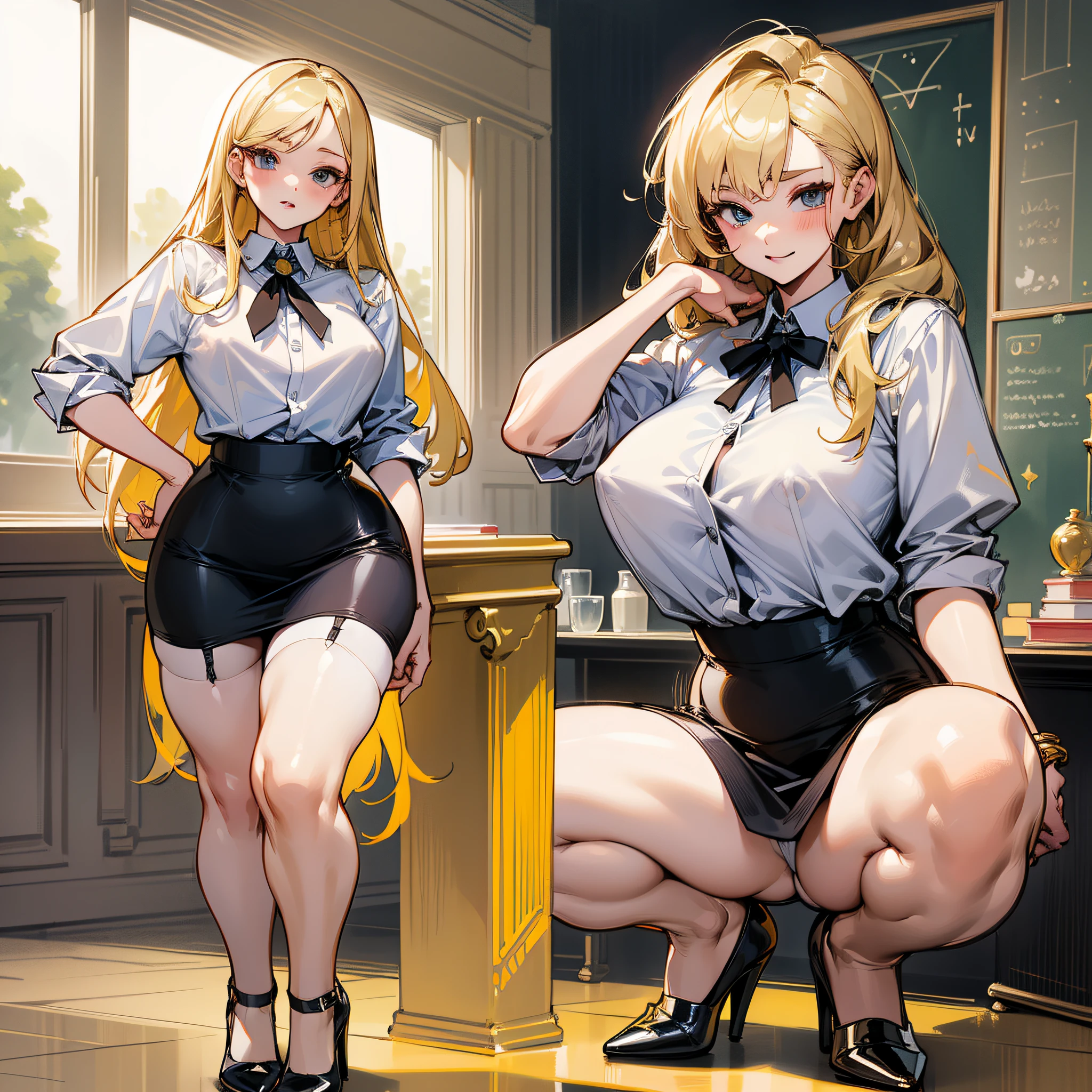 ((Best Quality)), ((Masterpiece)), Long Pencil Skirt, Shirt, Puffy Nipple, Full Body, Squat, Blonde, Pin Heels, Crotch Open, Garter Belt, Teacher