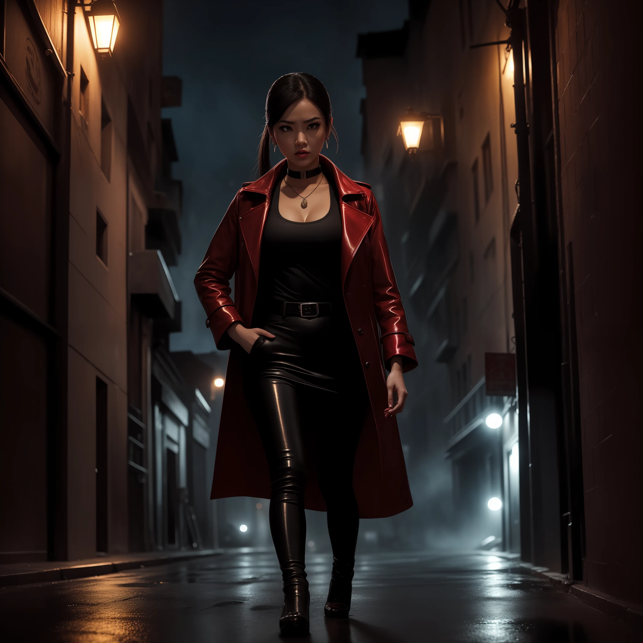(full body: 1.1), 1girl, shiny han bimbo chinese, red social clothing, elegant coat, street curb, wet skin, subsurface skin spread, vax, choker, earrings, eyelashes, eyeshadow, lips, lipstick, jewelry, makeup, nose, parted_lips, navel, beautiful detailed eyes, (night: 1.2), raining, dark, scary, dark city, alley, chased, danger, worried, afraid, stressed, close up