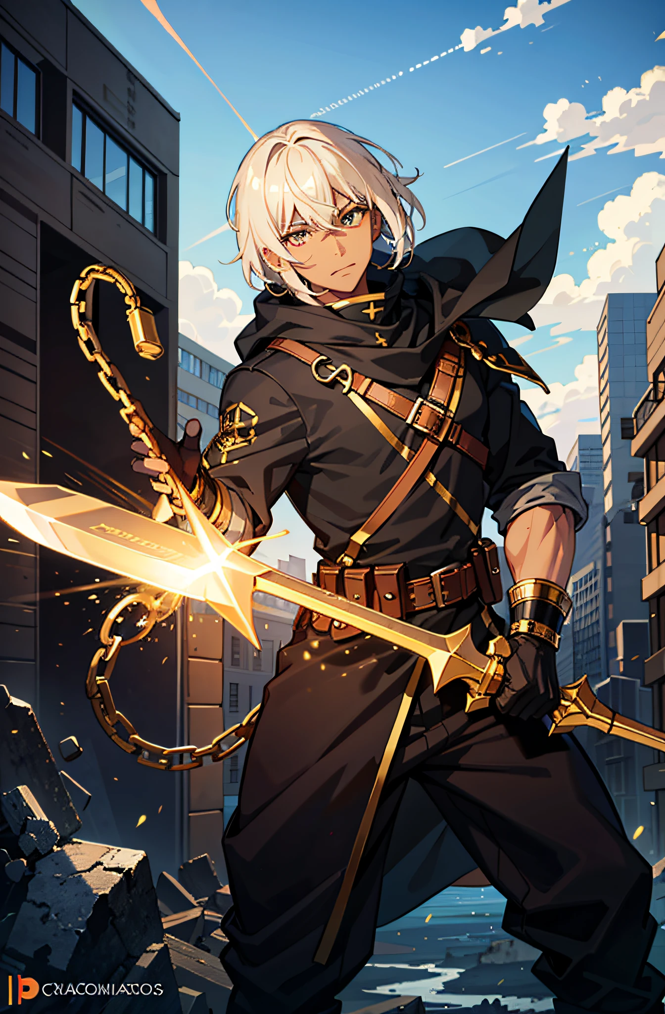 black man, golden eyes, golden hair, with a claymore sword, 16k, destroyed city, background, masterpiece, super detail,