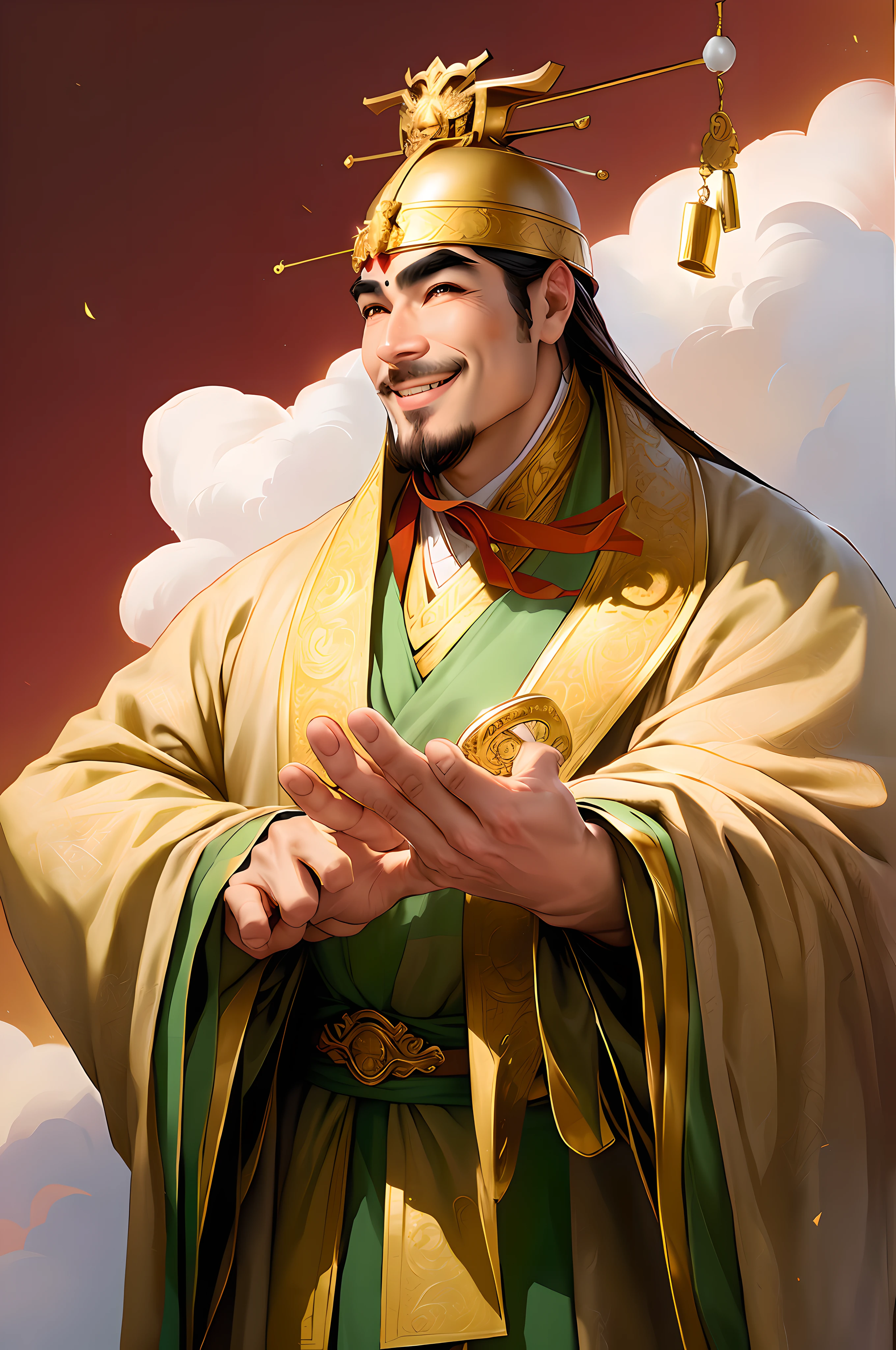 His face is full of smiles, his eyebrows reveal love and tolerance, he is a god of wealth, can bring wealth to people, and holds a gold ingot