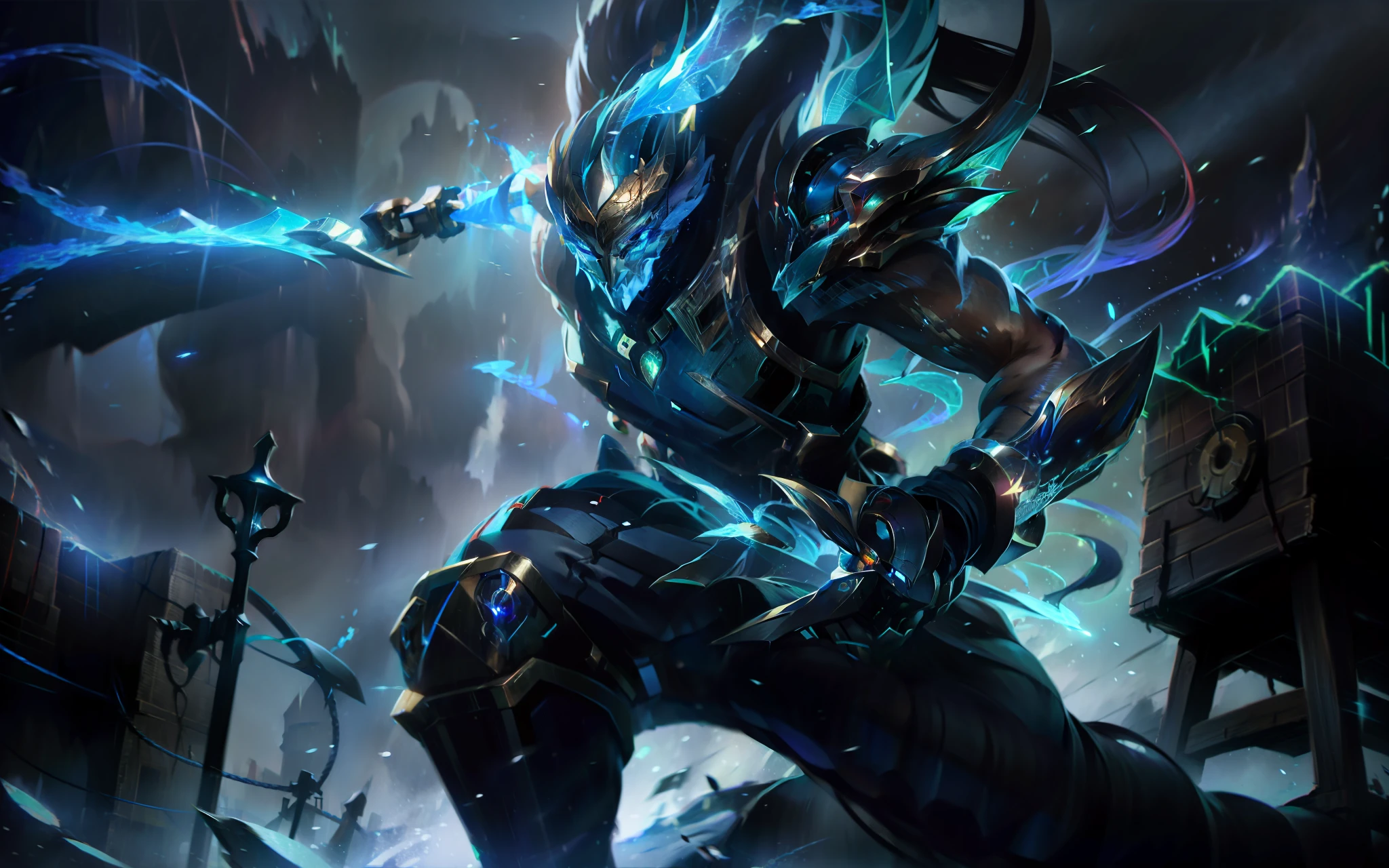 a character in a fantasy setting with a blue flame on his arm and a blue flame on his arm, (1boy:0.535), (armor:0.541), (blue fire:0.876), (building:0.669), (city:0.644), (electricity:0.911), (fire:0.529), (glowing:0.947), (glowing eyes:0.640), (lightning:0.737), (magic:0.649), (weapon:0.828)