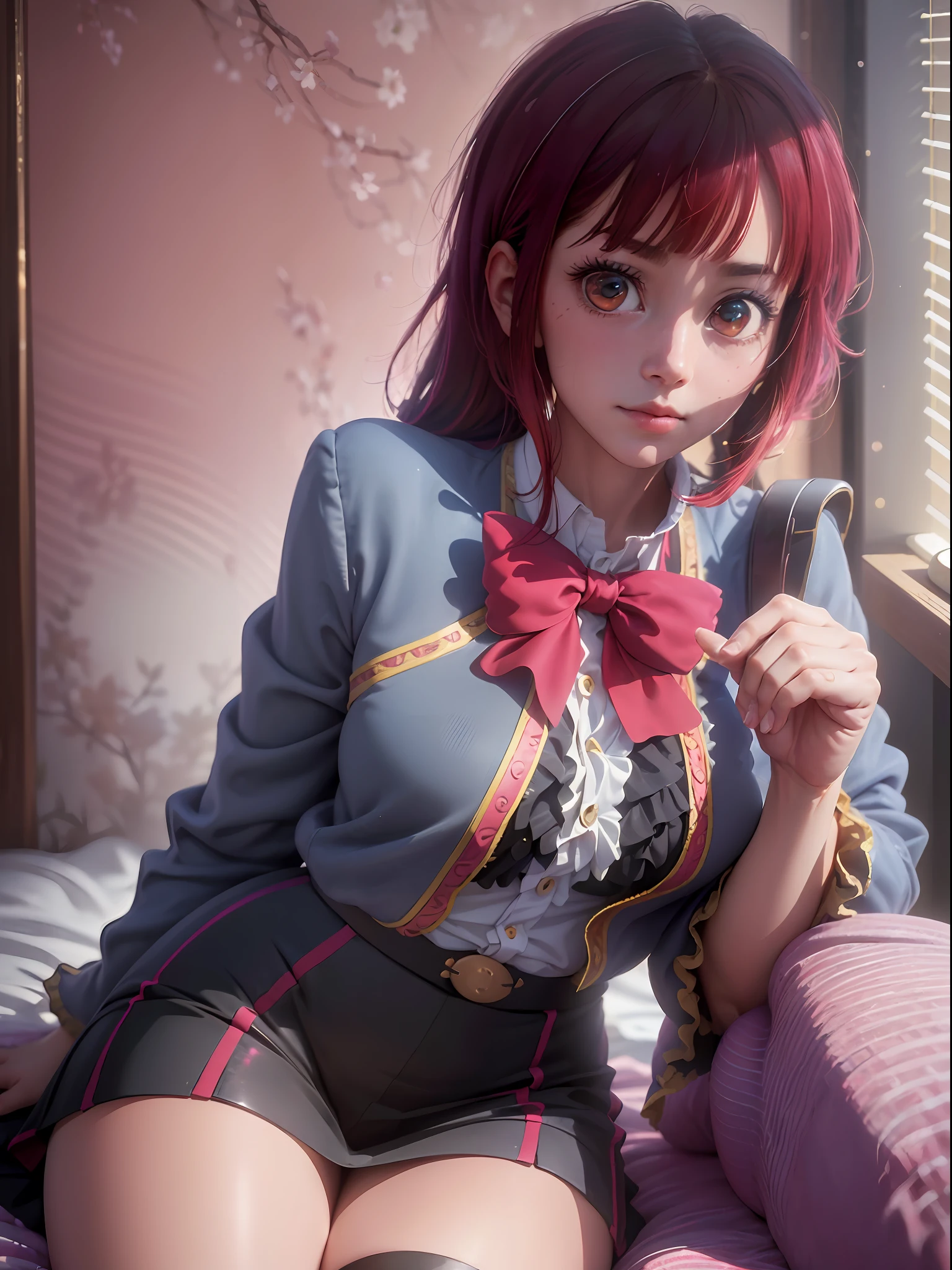 (((Raw Photo,8k)),(Photorealistic:1.3),(Masterpiece),(Best Quality), Ultra High Definition, (Best Illustration), Photon Mapping,Radiosity,Best Shadow,Close-up to Face,Portrait,((Natural Light))),Backlight,(Solo:1.5),1girl,Kana Arima,Red hair,Red eyes,Beautiful eyes,Uniform,Thighs,Black thighs, Loafer. Watch viewer,smooth,(Bokeh:1.4), Nikon d850, Nikon AF-S Nikkor 58mm f/1.4G lens,