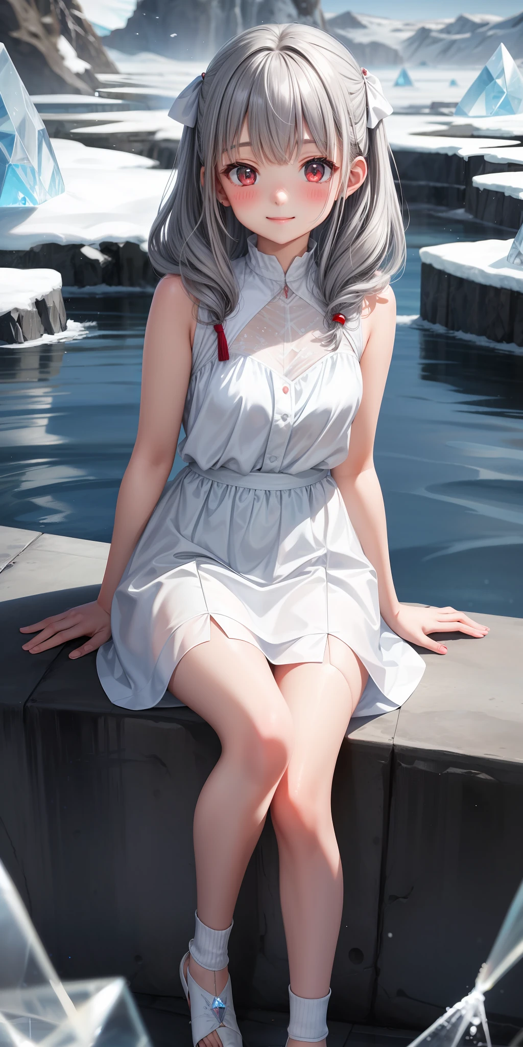 girl single, gray hair, red eyes, white dress, cute, cute, blush, sitting, little smile, glacier, icicle, ice world