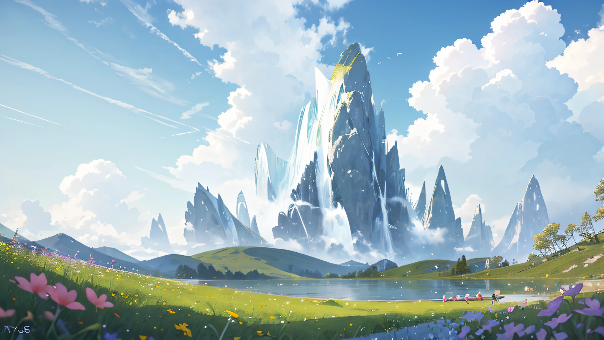 Summer, meadows, few small flowers, clear lakes, big clouds, blue sky, hot weather, HD details, wet watermarks, hyper-detail, cinematic, surrealism, soft light, deep field focus bokeh, distant shots are snowy mountains, ray tracing and surrealism. --v6