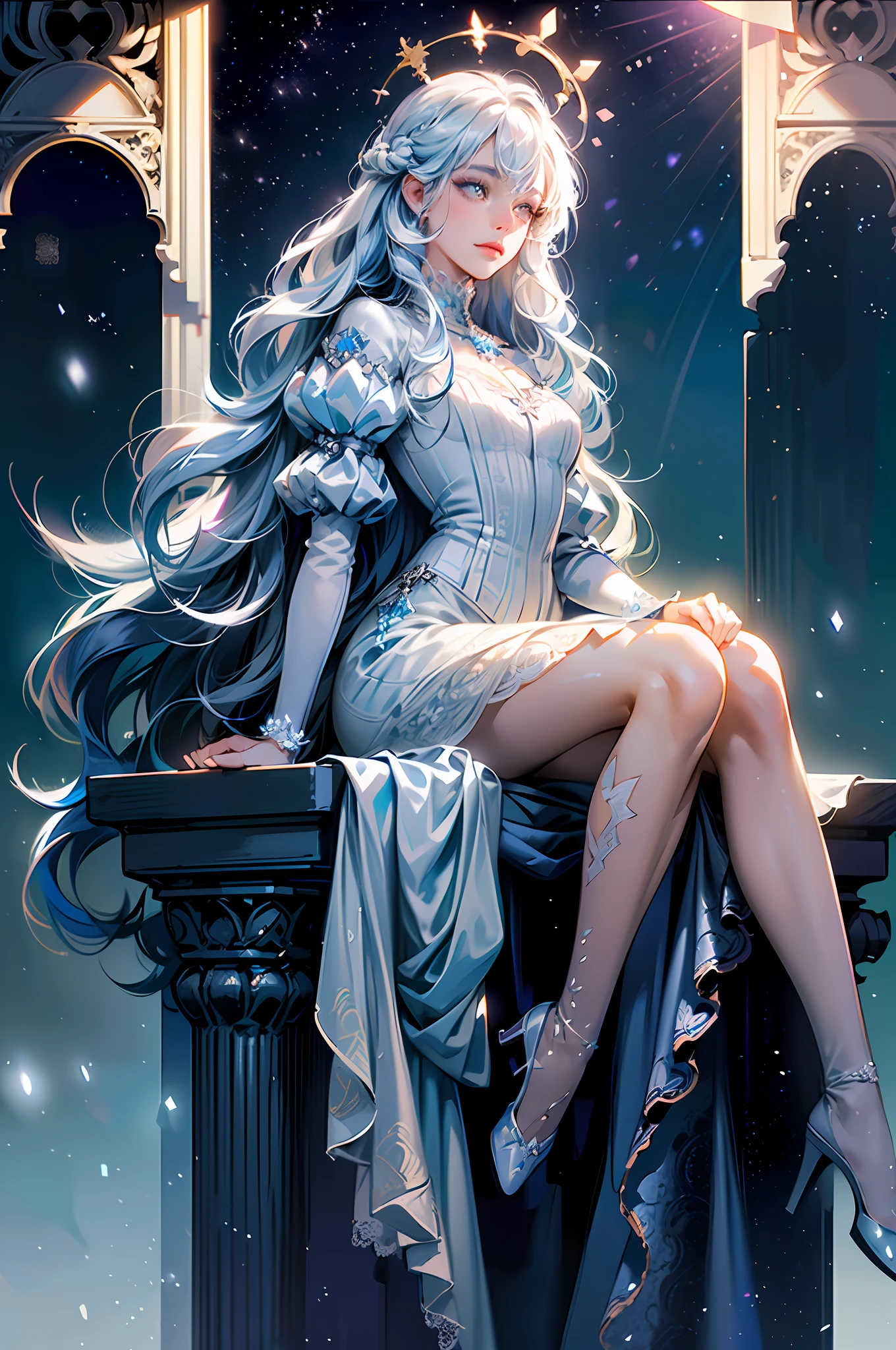 (Masterpiece:1.2), best quality, (night sky, wery long blue hair:1.2),(illustration:1.2), beautiful scenery, scared,(Masterfully crafted Glow, lens flare), (ultra-detailed), hyper details, (delicate detailed), (intricate details), (cinematic light, best quality Backlights), clear line, new world, viewer, solo female, perfect body, (1female), (Bright bioluminescent hair hair, bright glowing eyes), (Dynamic:1.3), ((makeup)), high contrast, (best illumination, an extremely delicate and beautiful), ((cinematic moonlight)), colourful, ((Photoshop Pastel Painting:1.1)), ethereal, (Cinematic masterpiece),suspense, splashes of colour, absolutely eye-catching, ((caustic)), dynamic angle ,beautiful (detailed glow), (eerie),(Intricate Detailed Cinematic Scenery Behind:1.2),ambient occlusion, (ambient moonlight), ray-traced reflections, intricately detailed visible background, night snow storm, stars, very long curly white hair, ice queen, white and light blue gothic royal dress with embroidery, long embroidered stockings, crystals and pearls, big halo shaped crown, ice crystals around, snow storm, mature woman