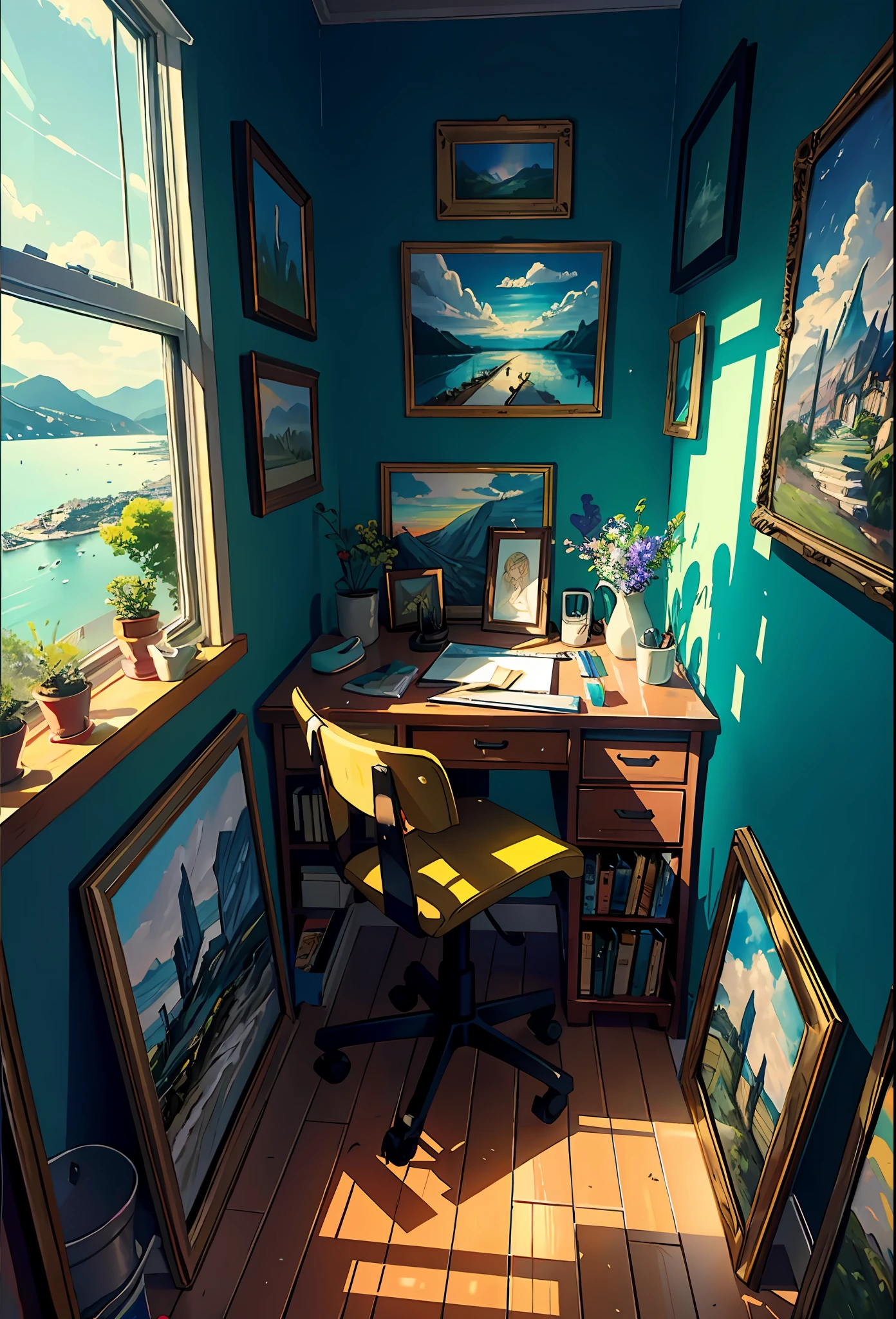 Cozy artist's studio, paintings, art, awards, table, many books on the walls, paintings on the walls, view from the window, sea, mountains, amazing sunset, flower arrangements, paints, brushes, artist's theme, elegant, dynamic lighting, happiness, full-color, multicolored, artificial, highest detail, super quality, small details, highlights, neon lights, masterpiece, best colors